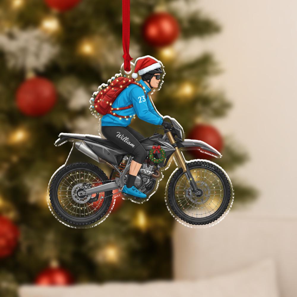 Personalized Motocross Ornament, Acrylic Dirt Bike Rider Christmas Decoration with Santa Hat Design
