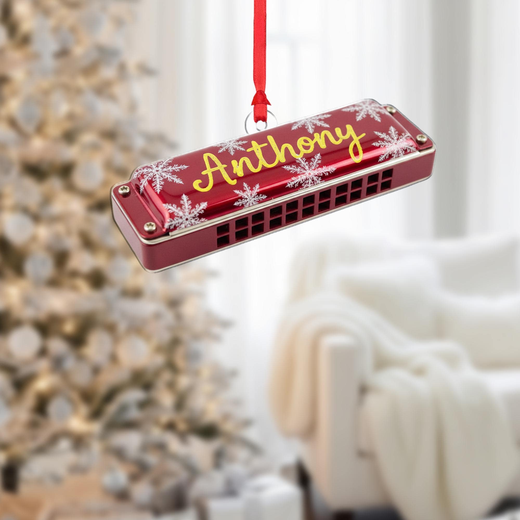 Personalized Harmonica Ornament – Musical Instrument Design with Snowflakes