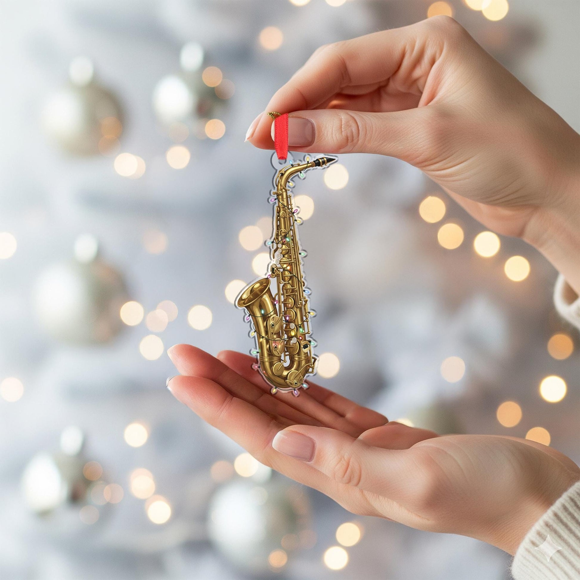 Saxophone Christmas Ornament – Musical Instrument Design with Holiday Lights