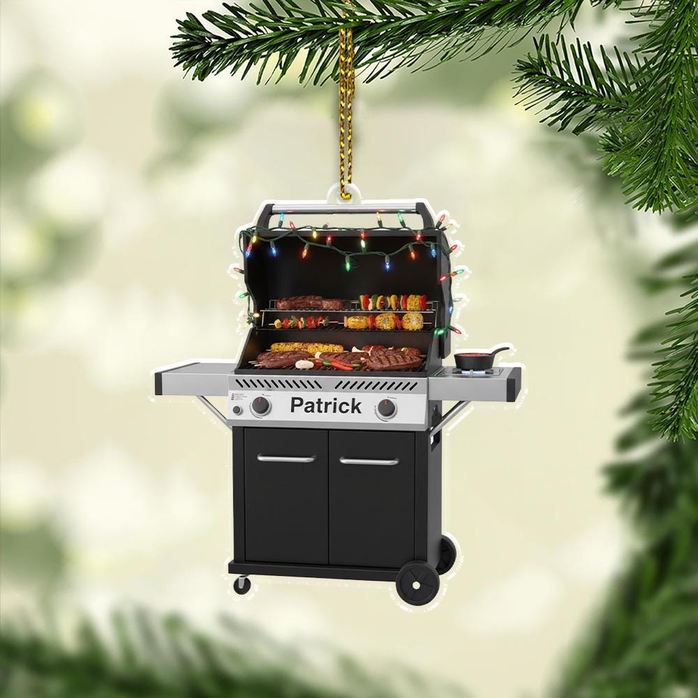 Personalized BBQ Grill Ornament, Acrylic Barbecue Decoration with Christmas Lights and Custom Name