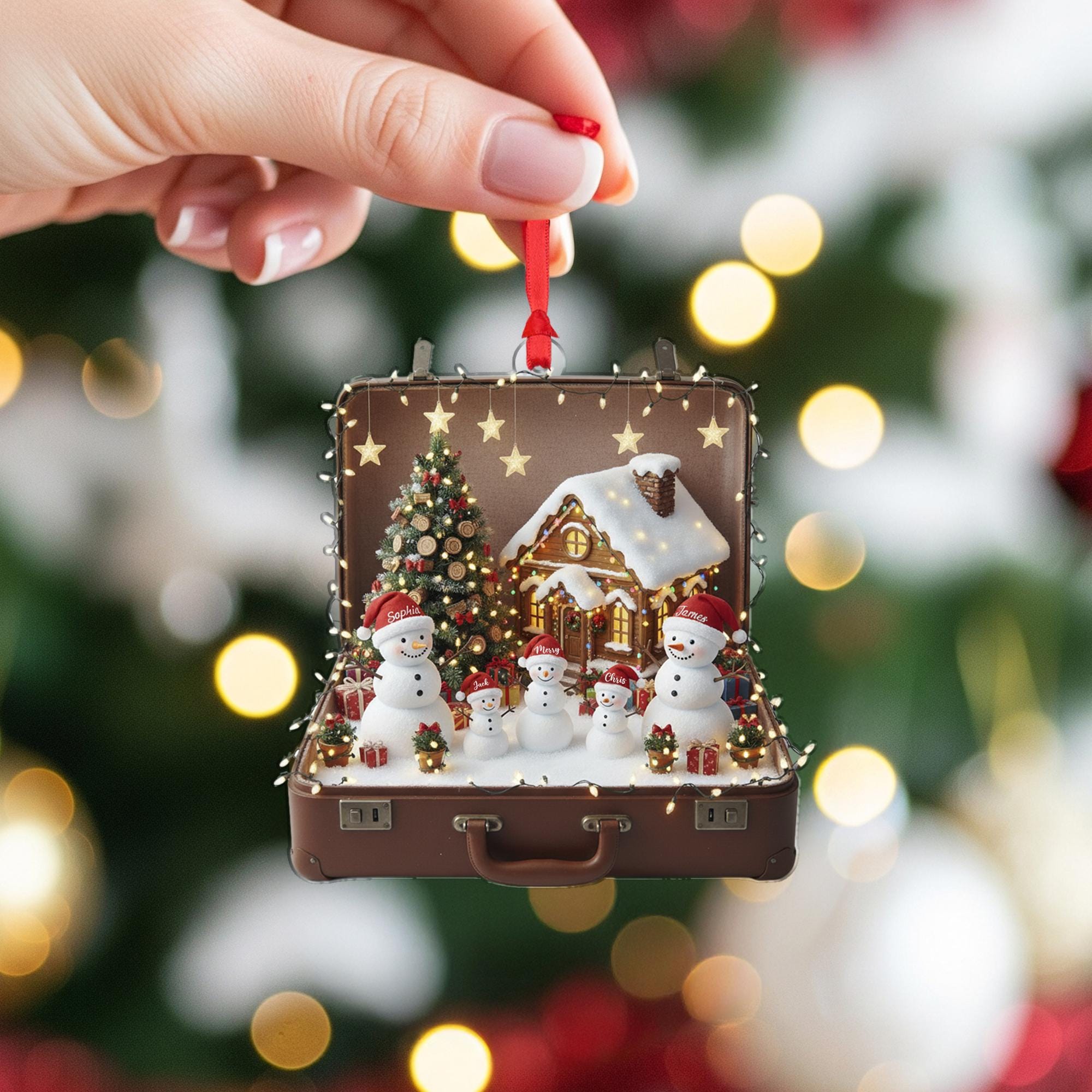 Personalized Snowman Ornament – Suitcase Design with Christmas Tree and House