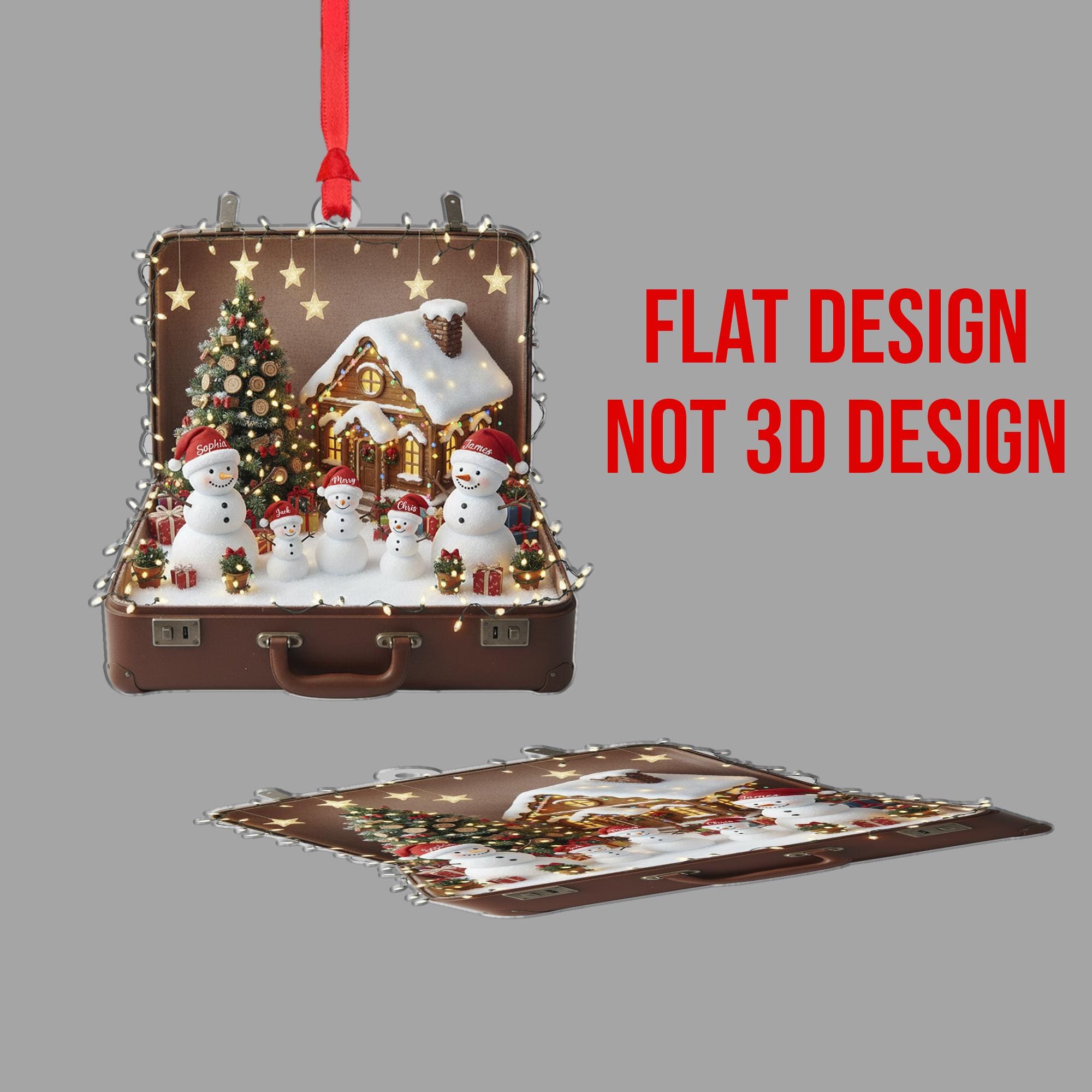 Personalized Snowman Ornament – Suitcase Design with Christmas Tree and House