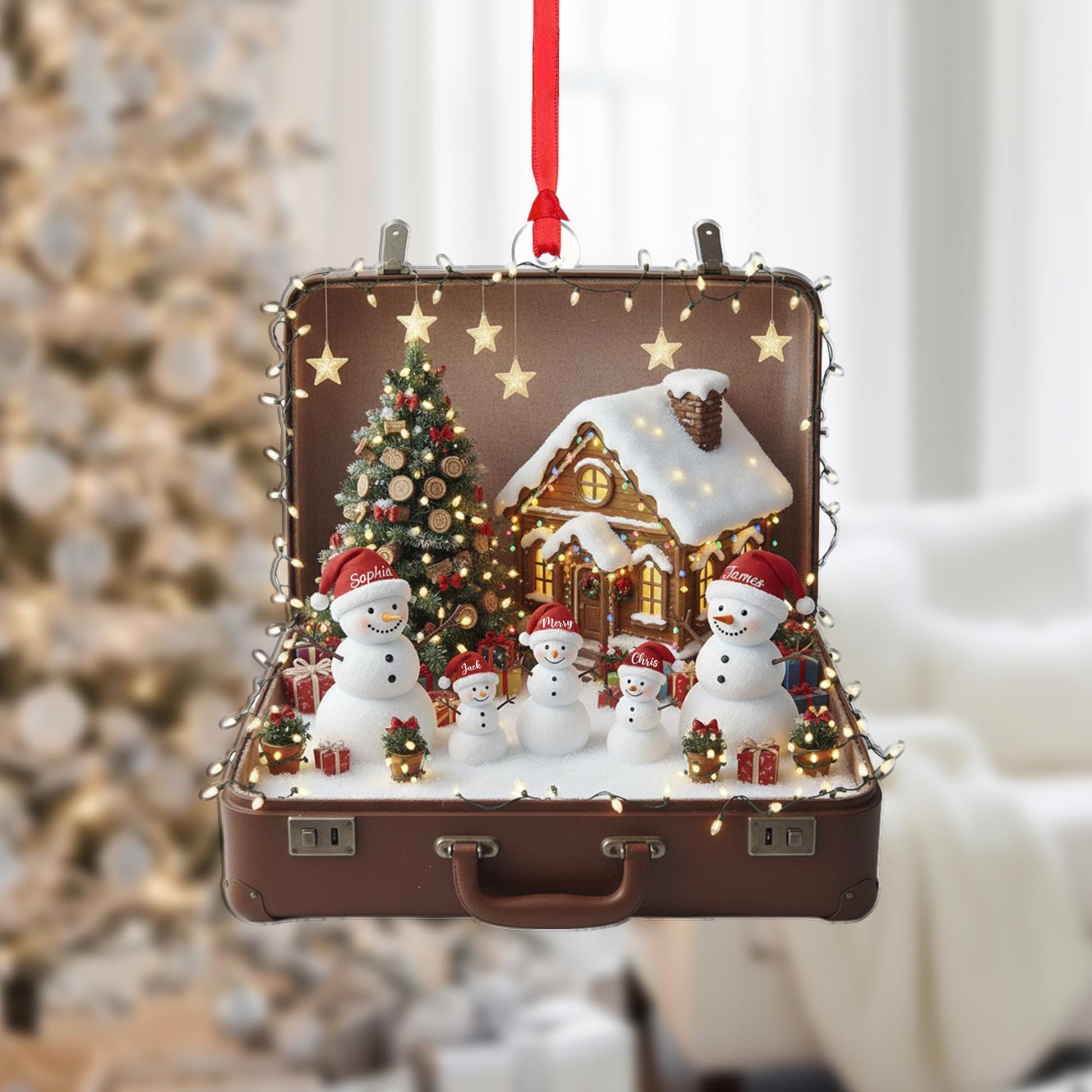 Personalized Snowman Ornament – Suitcase Design with Christmas Tree and House
