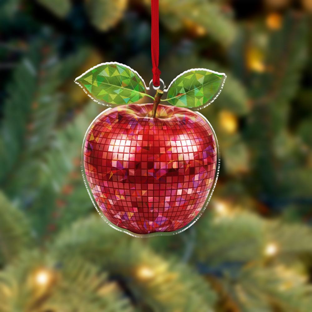 Acrylic Apple Ornament, Red Mosaic Apple Decoration with Leaf Detail