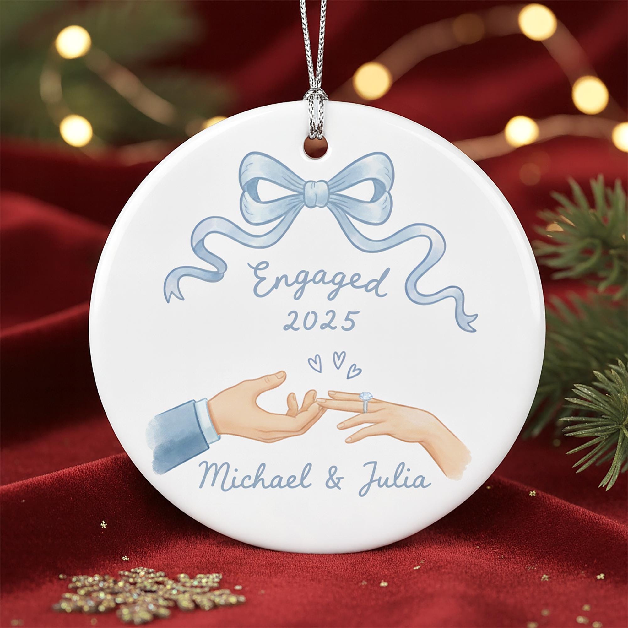 Personalized Ceramic Ornament – “Engaged 2025” Hand-Painted Design with Names