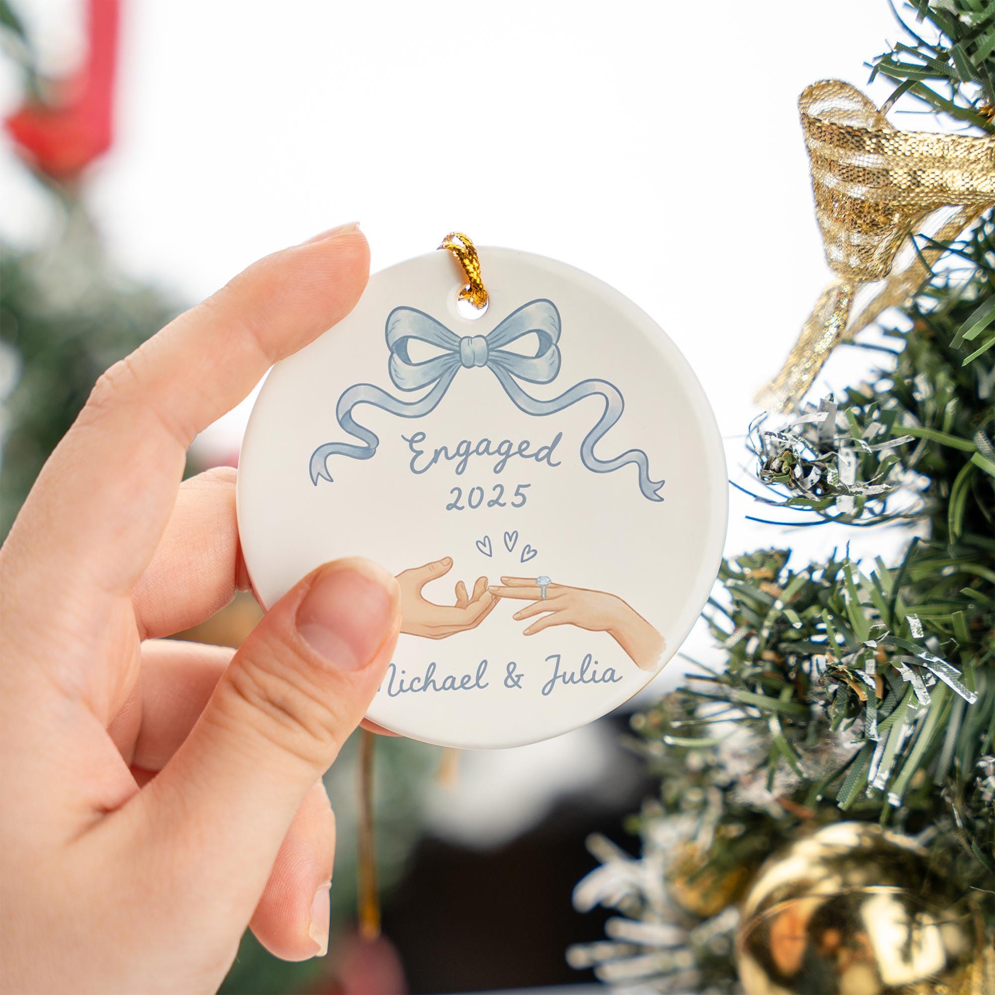 Personalized Ceramic Ornament – “Engaged 2025” Hand-Painted Design with Names