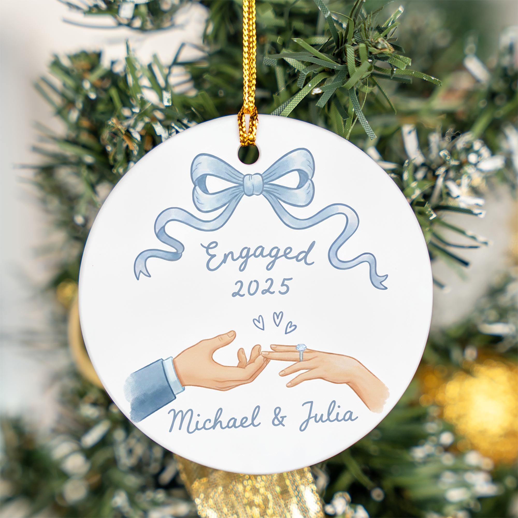 Personalized Ceramic Ornament – “Engaged 2025” Hand-Painted Design with Names