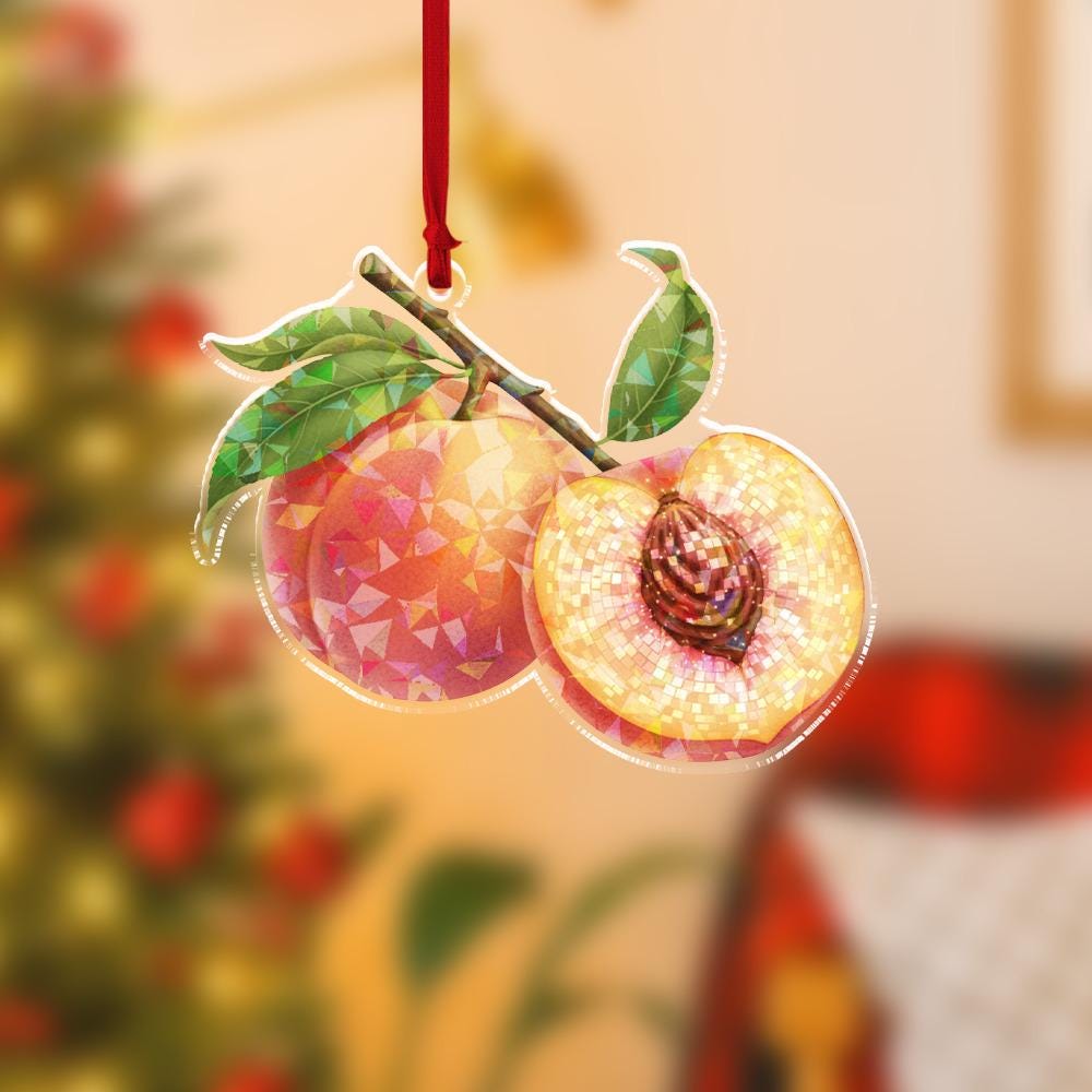 Acrylic Peach Ornament, Fruit Tree Decoration with Leaf Detail, Summer Garden Decor