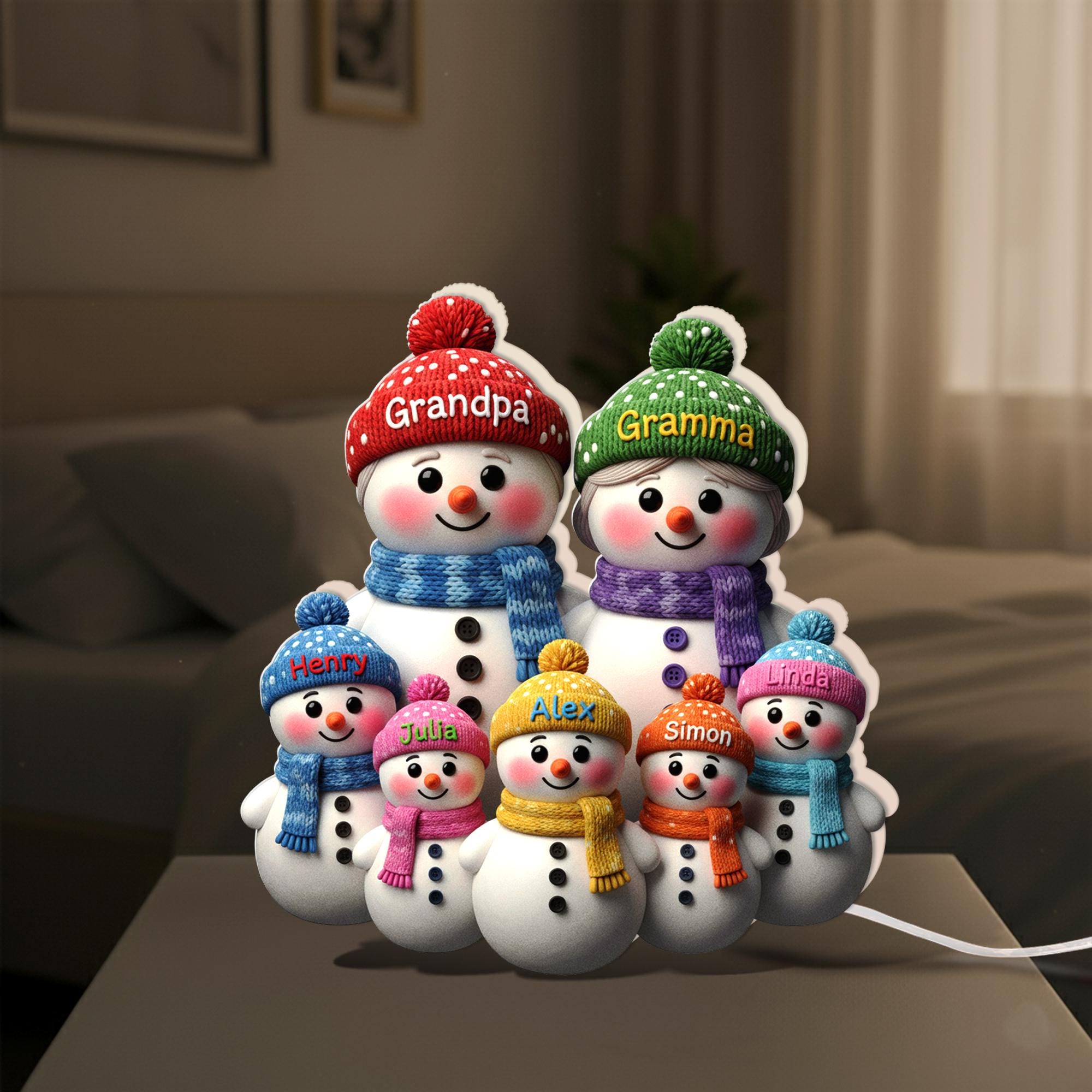 Custom Snowman Family LED Light Box with Grandma Grandpa: Personalized Names Winter Lamp image 4