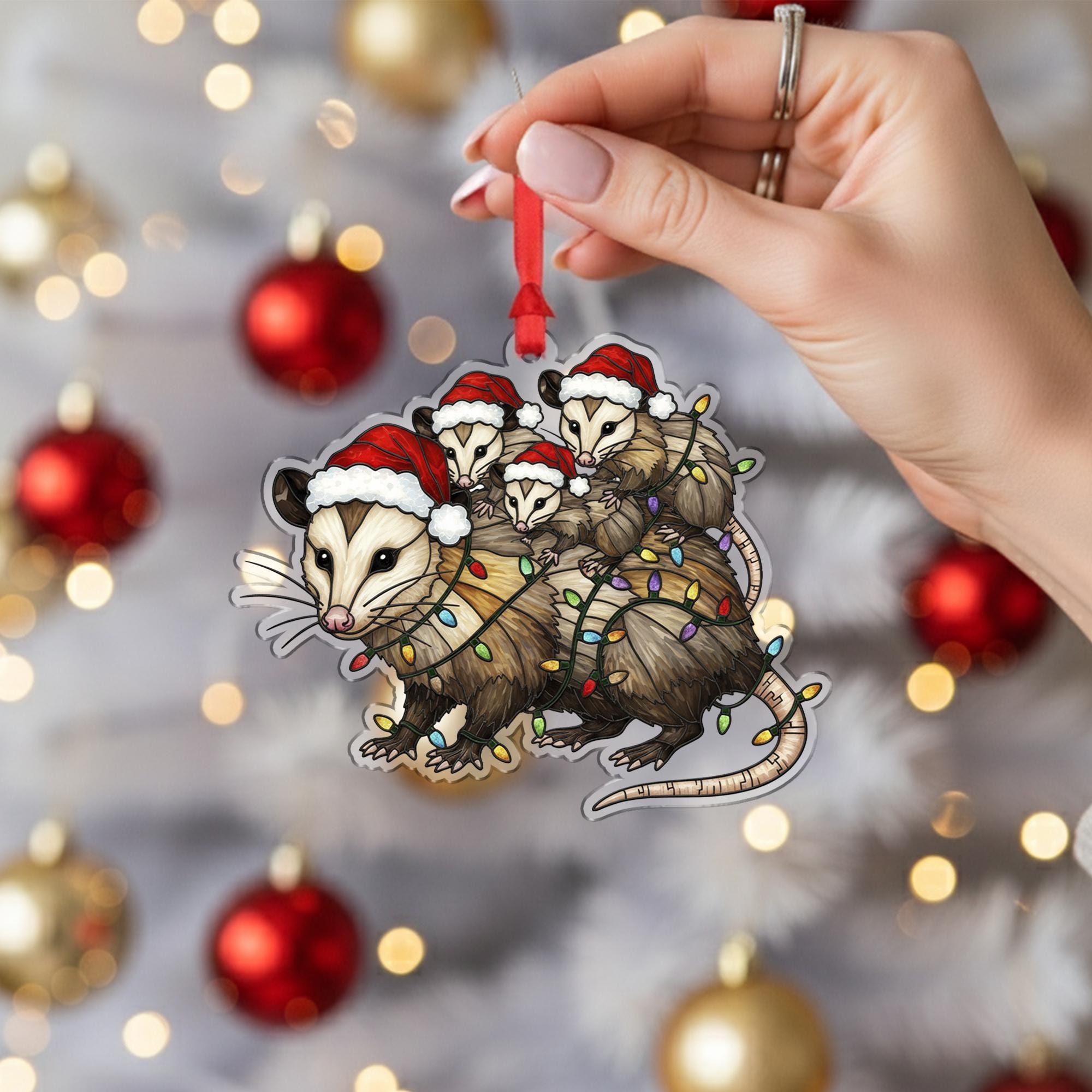Opossum Family Christmas Ornament: Santa Hats & Lights - Acrylic Animal Decoration image 3