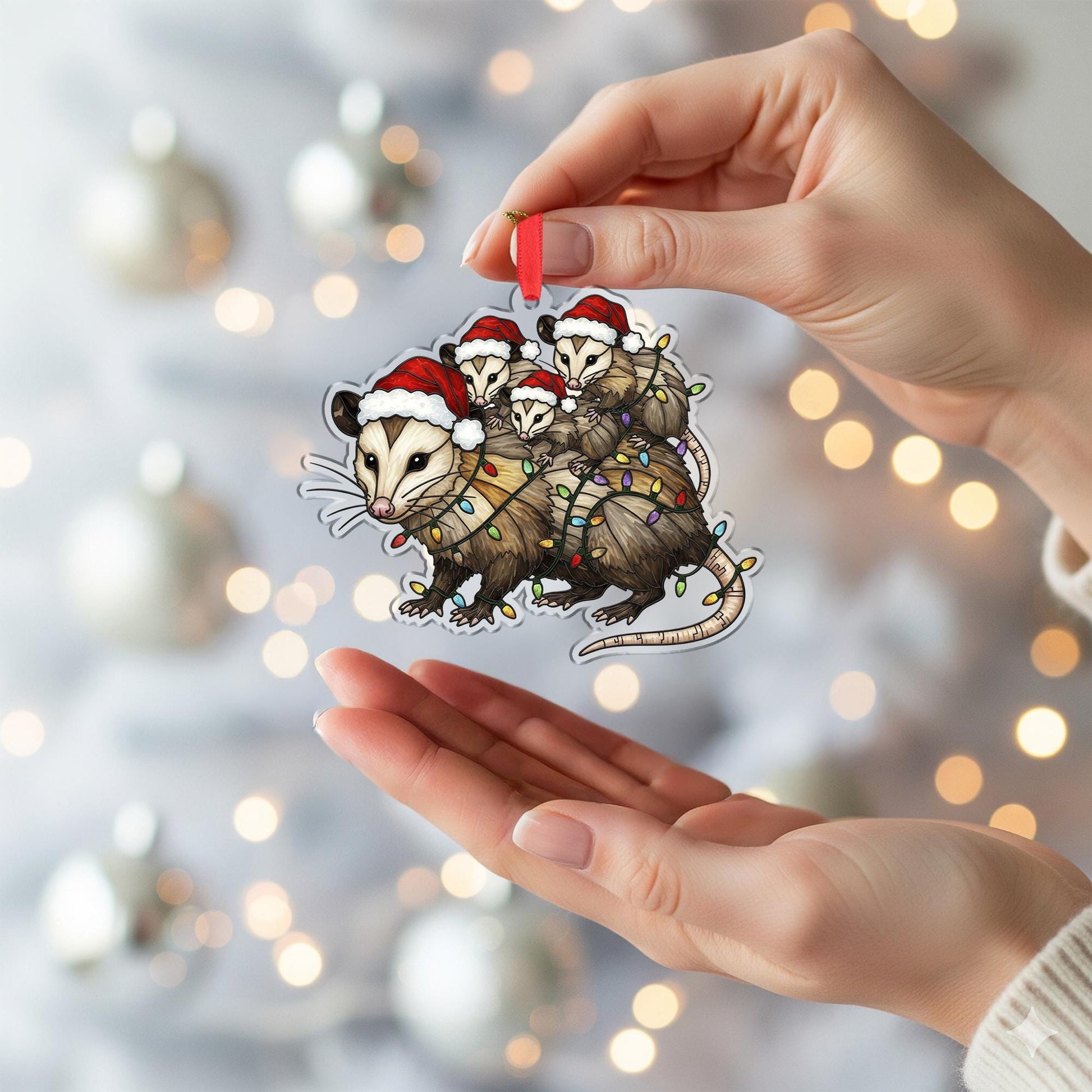 Opossum Family Christmas Ornament: Santa Hats & Lights - Acrylic Animal Decoration image 5