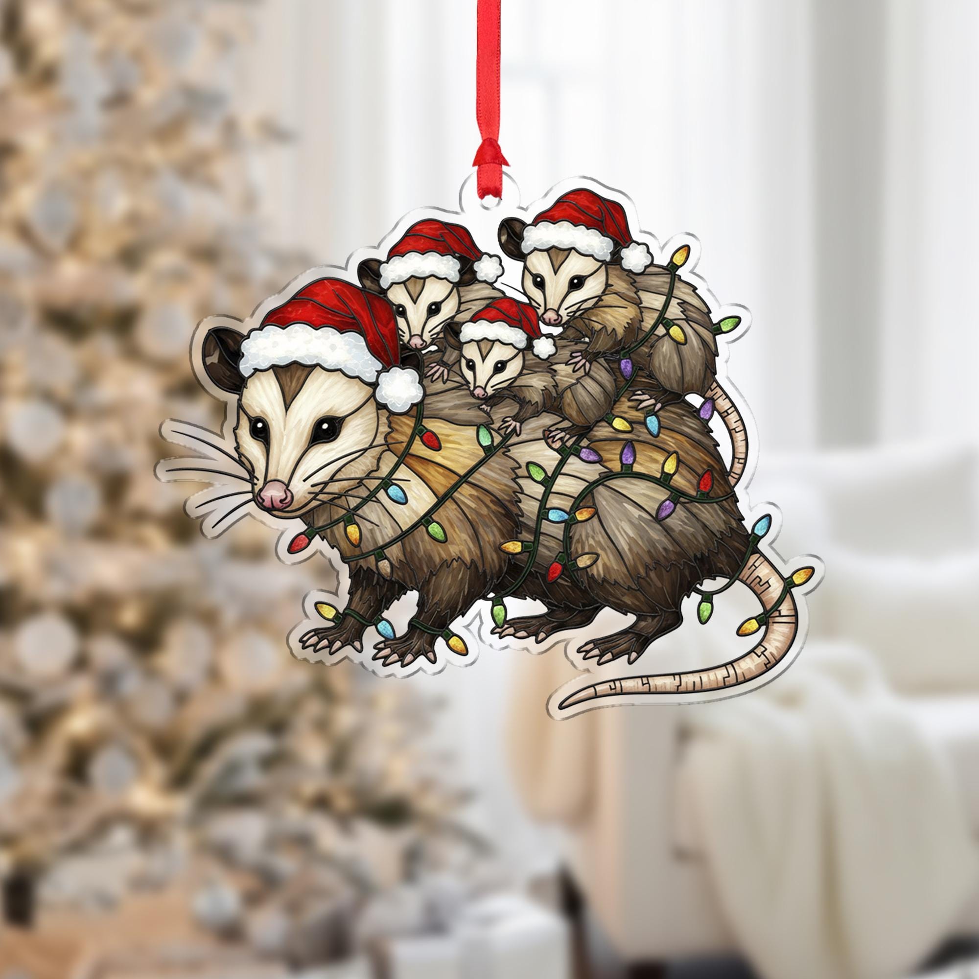 Opossum Family Christmas Ornament: Santa Hats & Lights - Acrylic Animal Decoration image 7