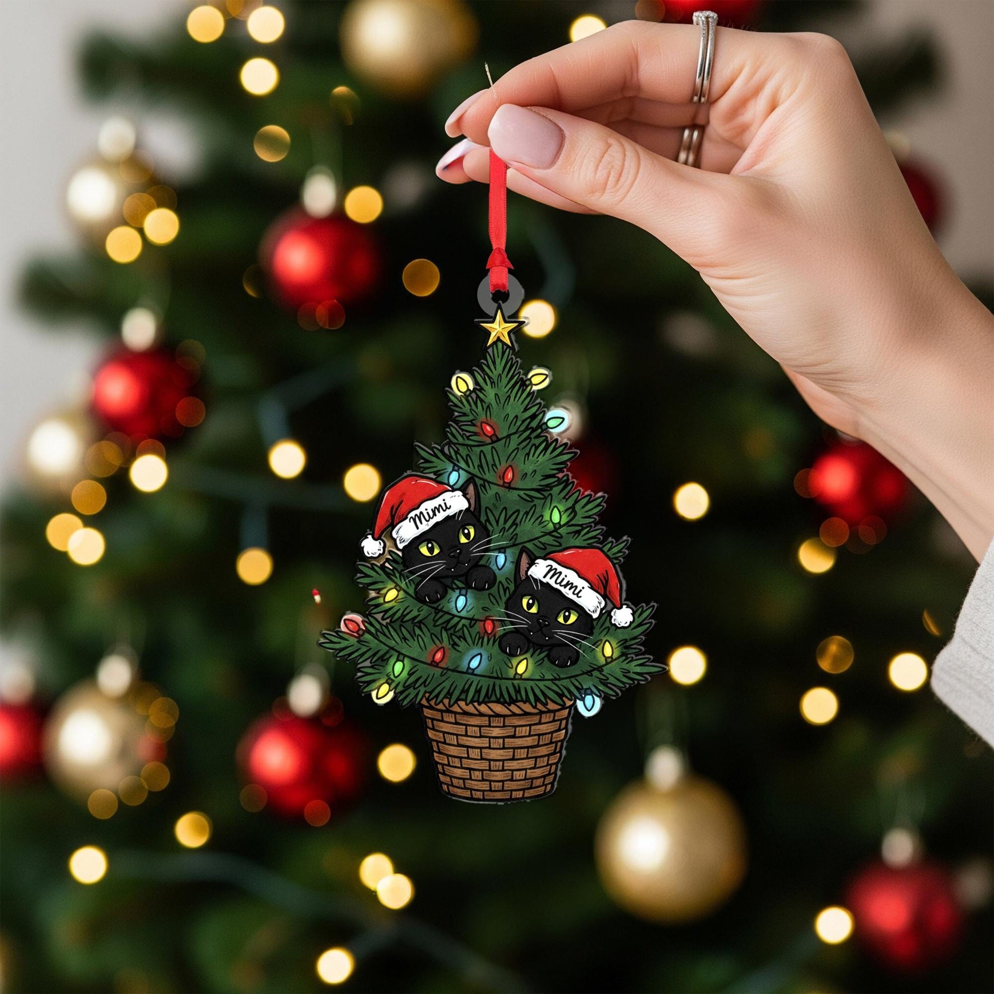 Christmas Tree Cat Ornament – Personalized Black Cat Santa Hat
