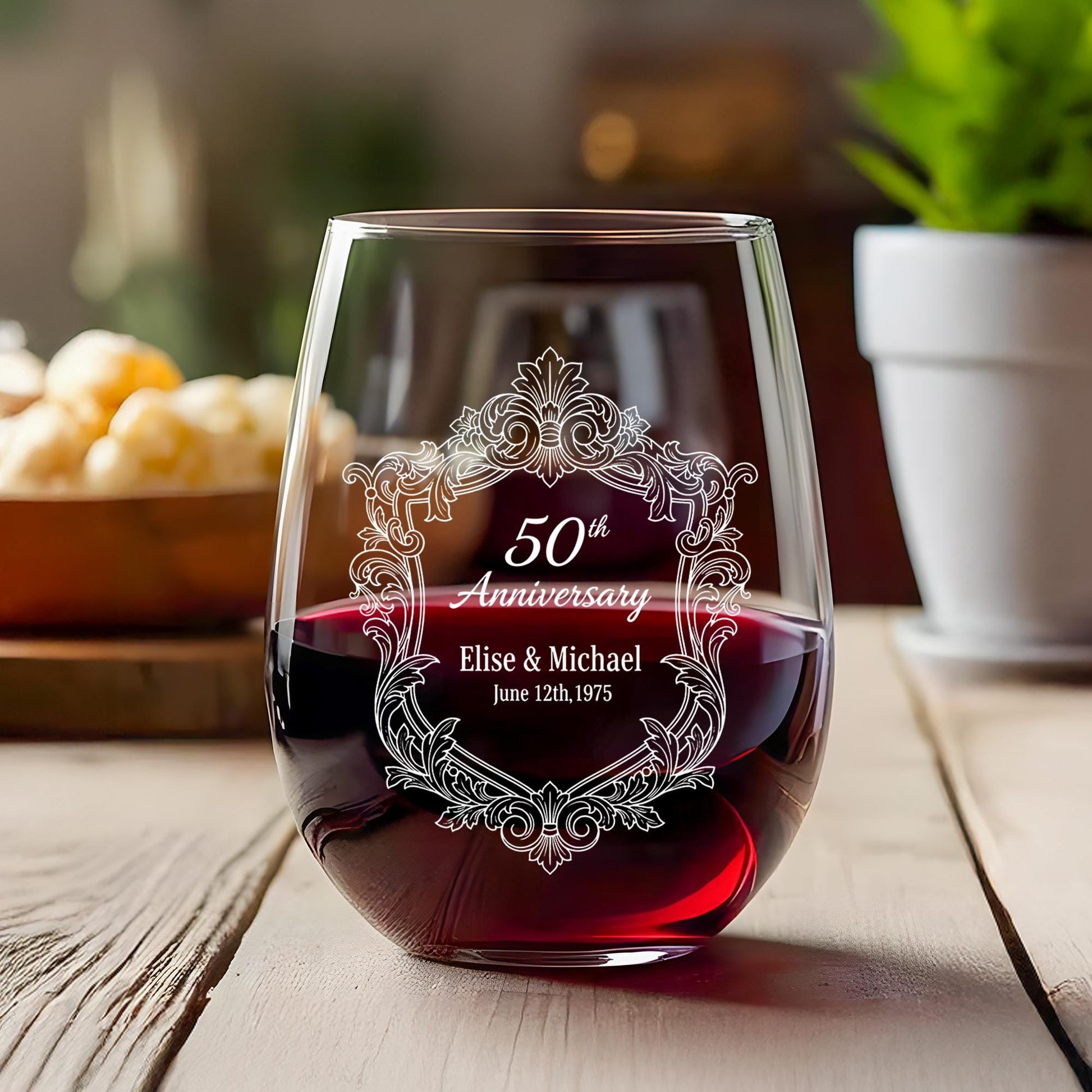 Custom 50th Anniversary Etched Stemless Wine Glass image 2