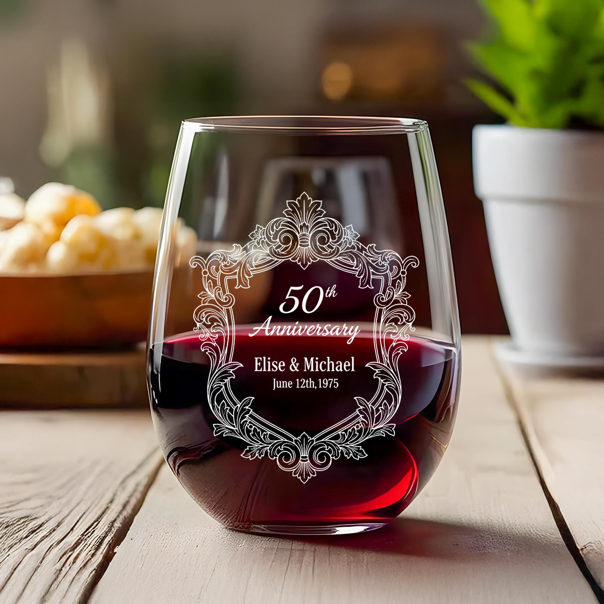Custom 50th Anniversary Etched Stemless Wine Glass image 2