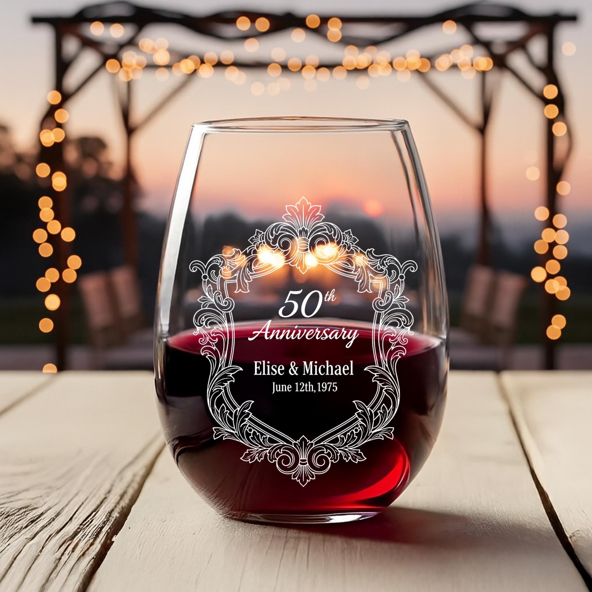 Custom 50th Anniversary Etched Stemless Wine Glass image 1