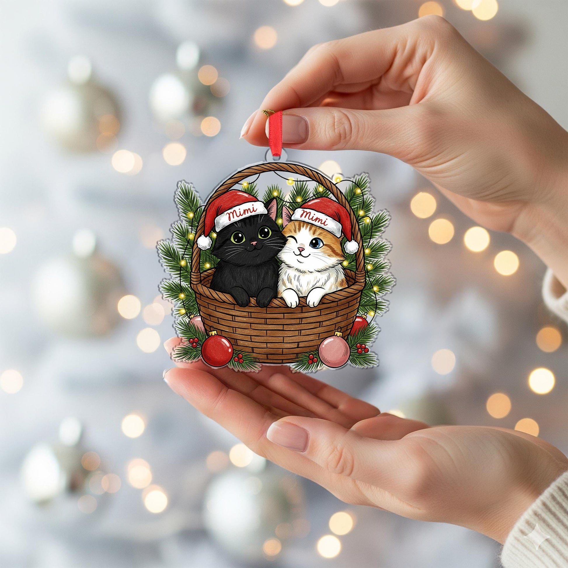 Personalized Cat Ornament – Christmas Cat Duo in Basket