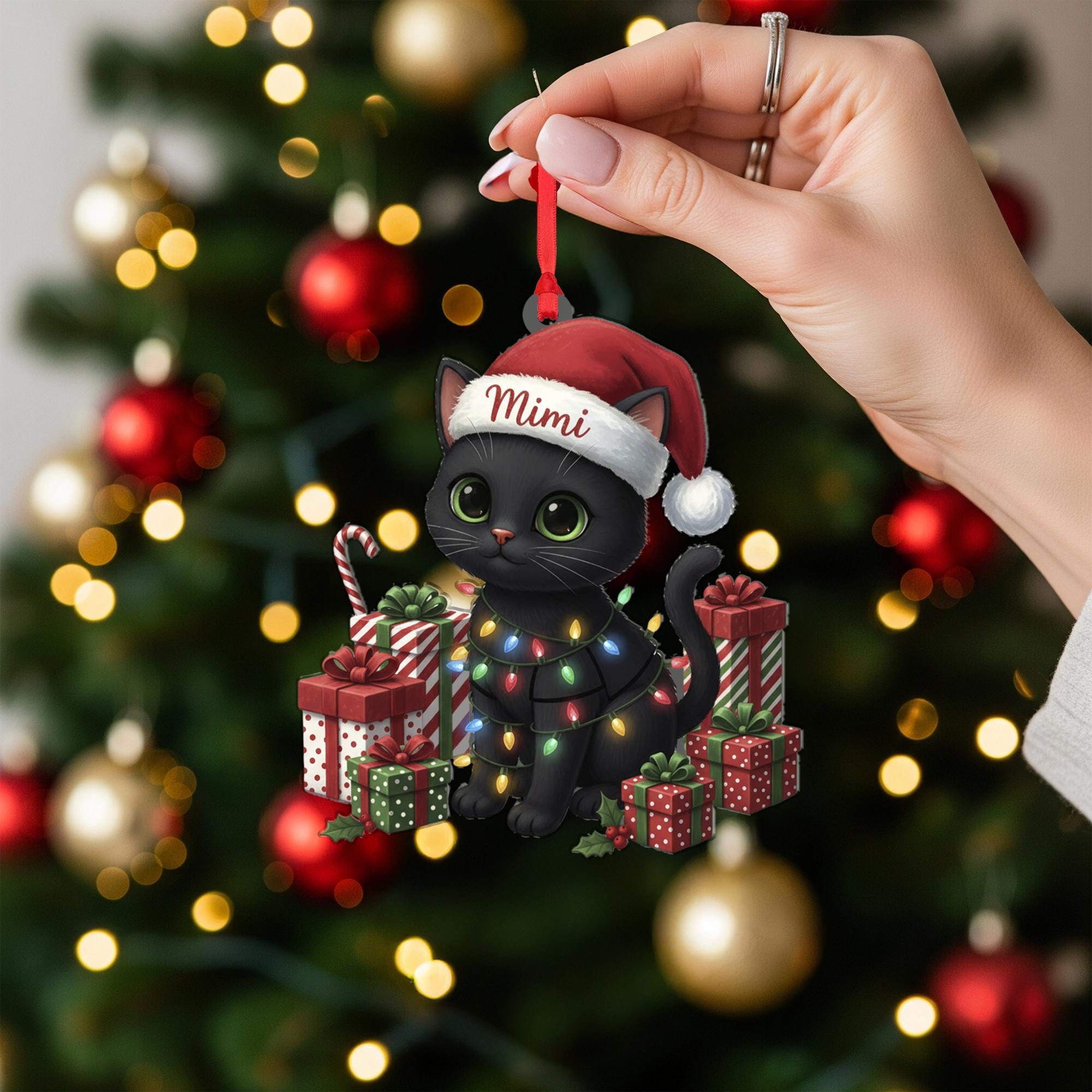 Personalized Black Cat Christmas Ornament – Cat with Lights & Gifts