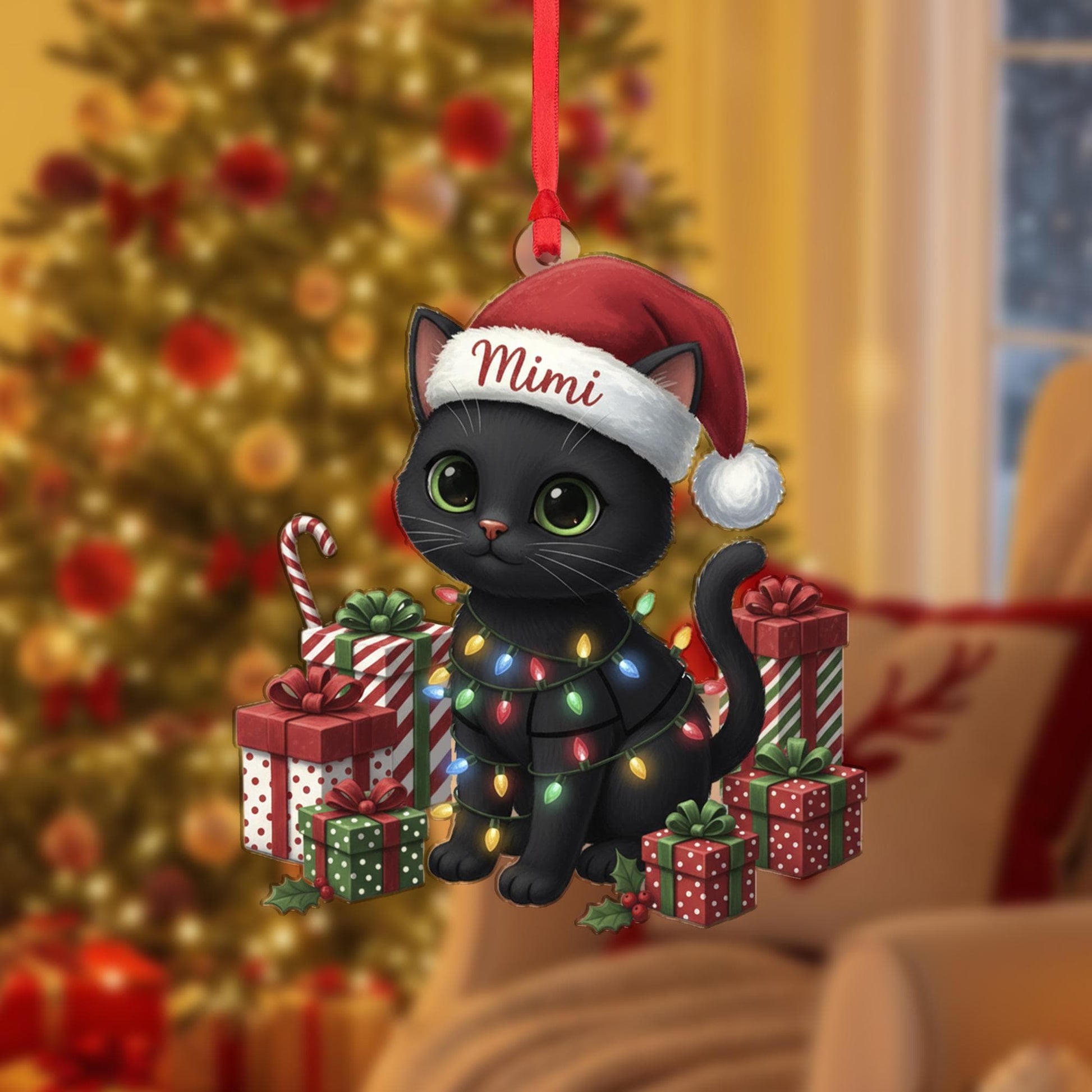 Personalized Black Cat Christmas Ornament – Cat with Lights & Gifts