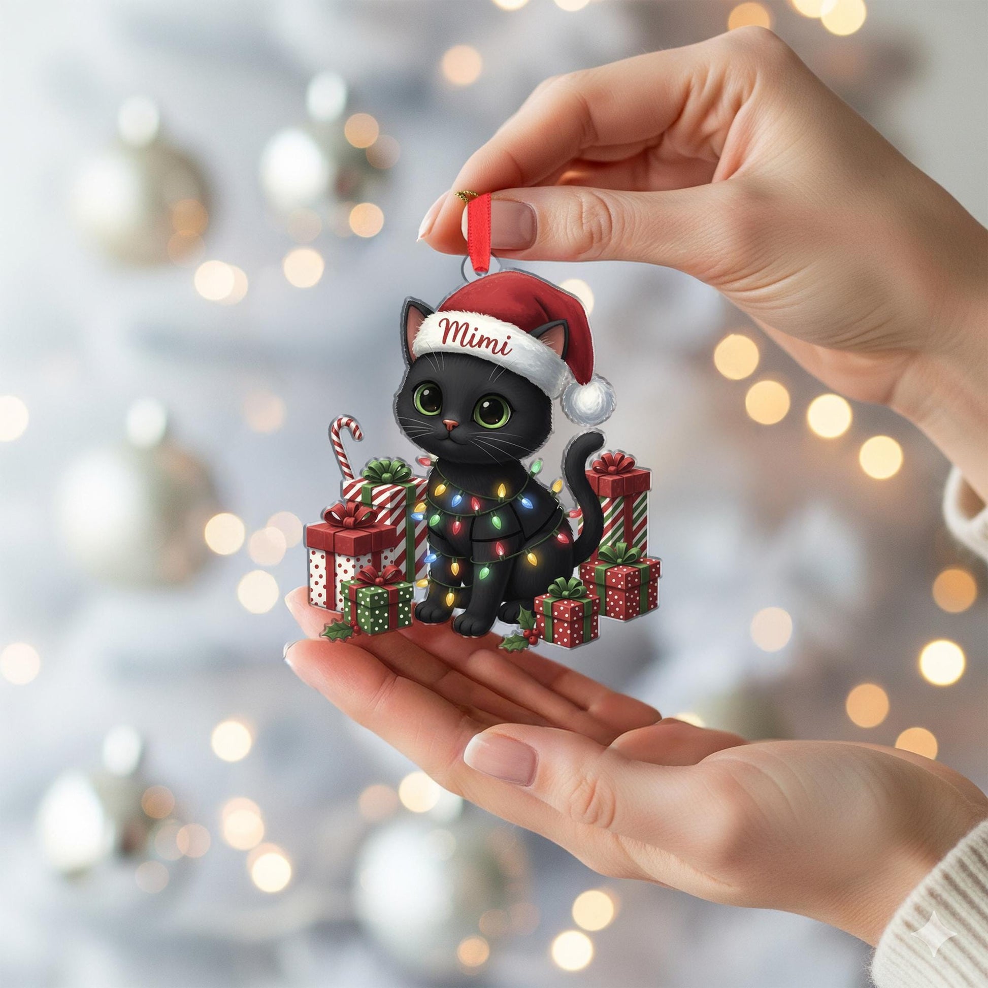 Personalized Black Cat Christmas Ornament – Cat with Lights & Gifts