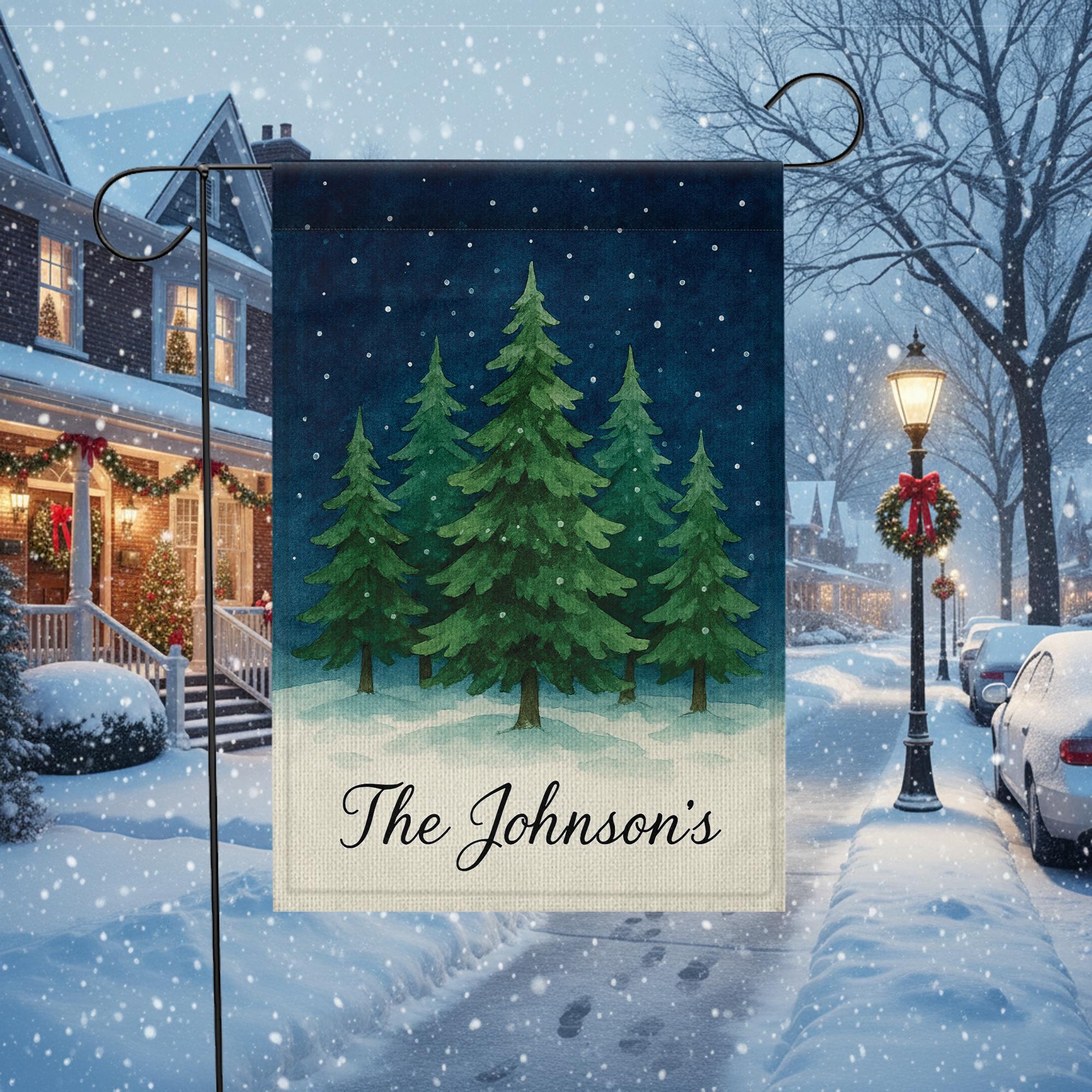 Personalized Winter Tree Garden Flag: Custom Name Christmas Yard Flag