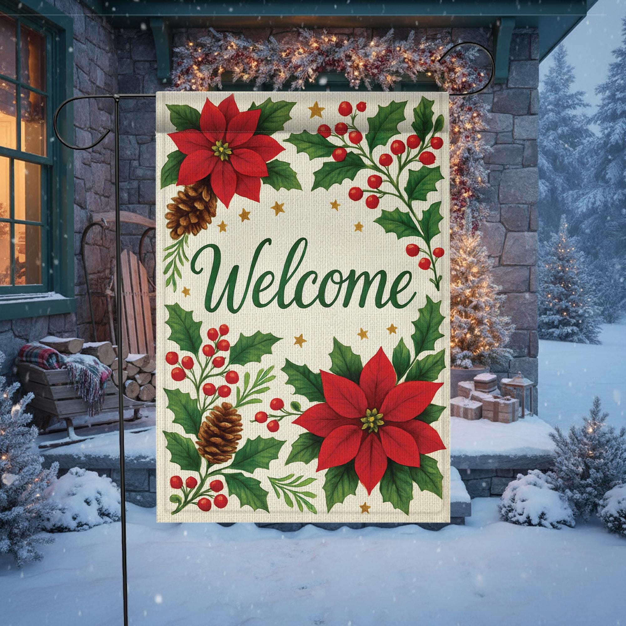 Poinsettia Welcome Garden Flag: Christmas Yard Decor