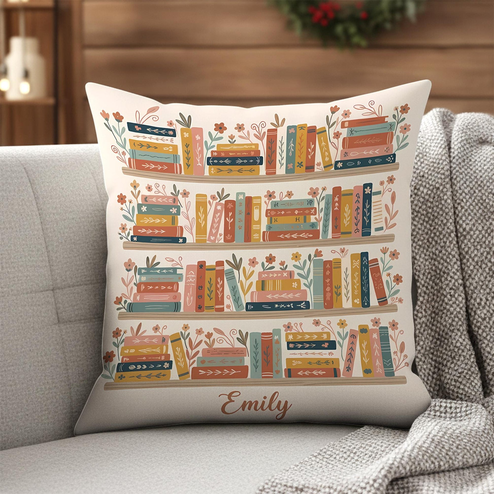 Personalised Bookshelf Throw Pillow – Custom Name, Soft Polyester Illustration image 1