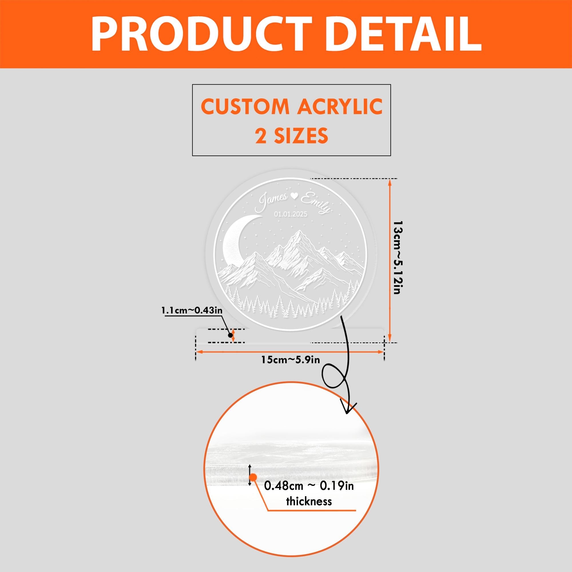 Mountain & Moon Acrylic LED Night Light - Personalized Anniversary Gift Wedding Date Lamp image 5