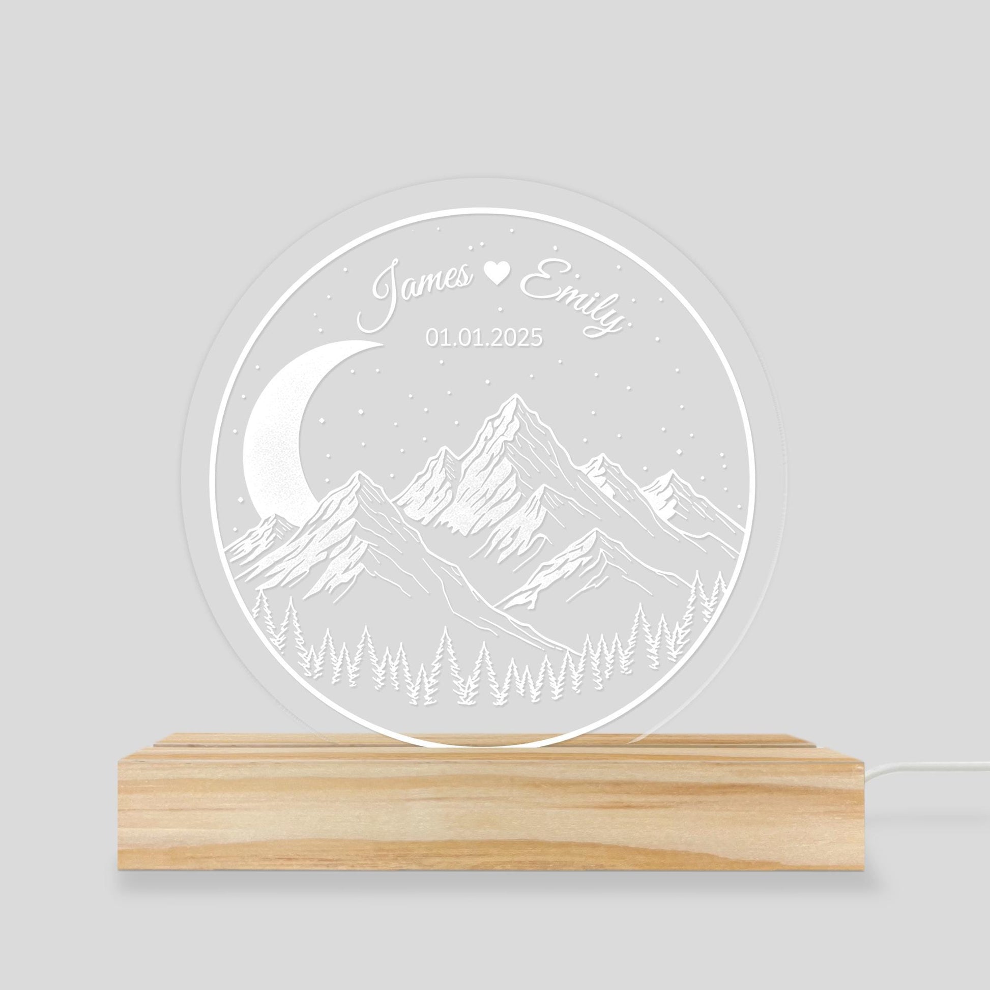 Mountain & Moon Acrylic LED Night Light - Personalized Anniversary Gift Wedding Date Lamp image 7