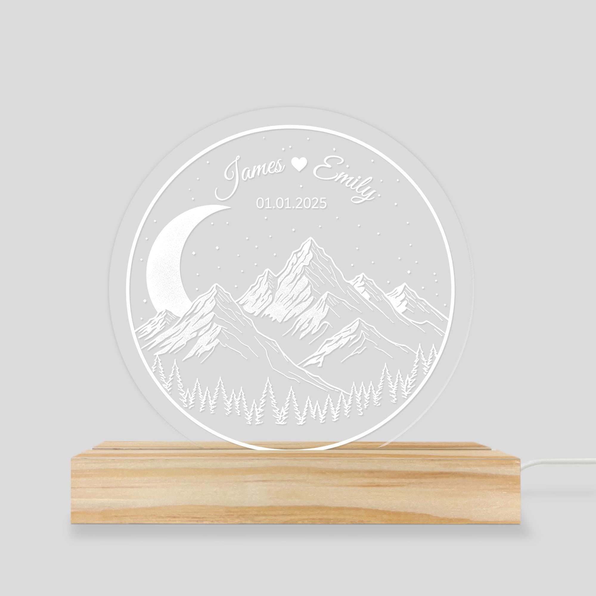 Mountain & Moon Acrylic LED Night Light - Personalized Anniversary Gift Wedding Date Lamp image 7