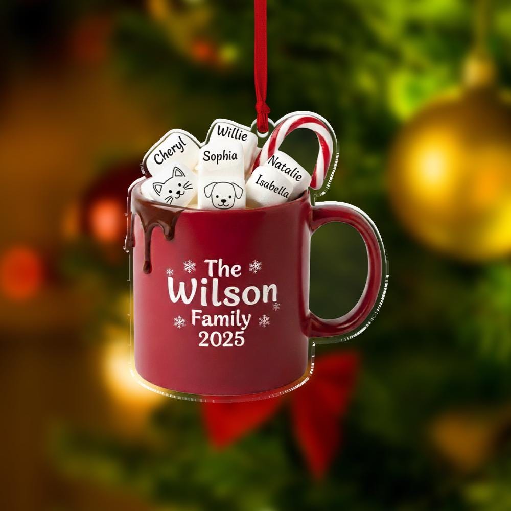 Personalised Hot Cocoa Mug Christmas Ornament – “Family Name” Custom Names image 2