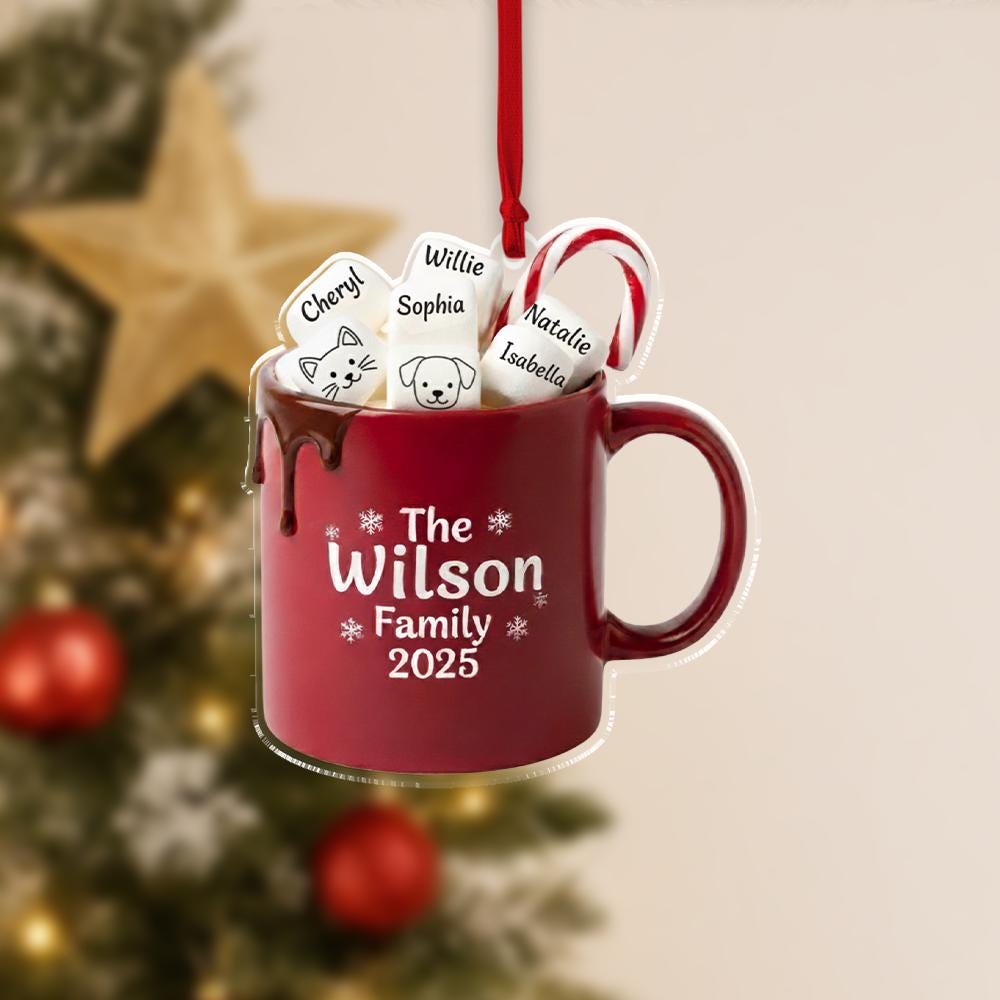 Personalised Hot Cocoa Mug Christmas Ornament – “Family Name” Custom Names image 1
