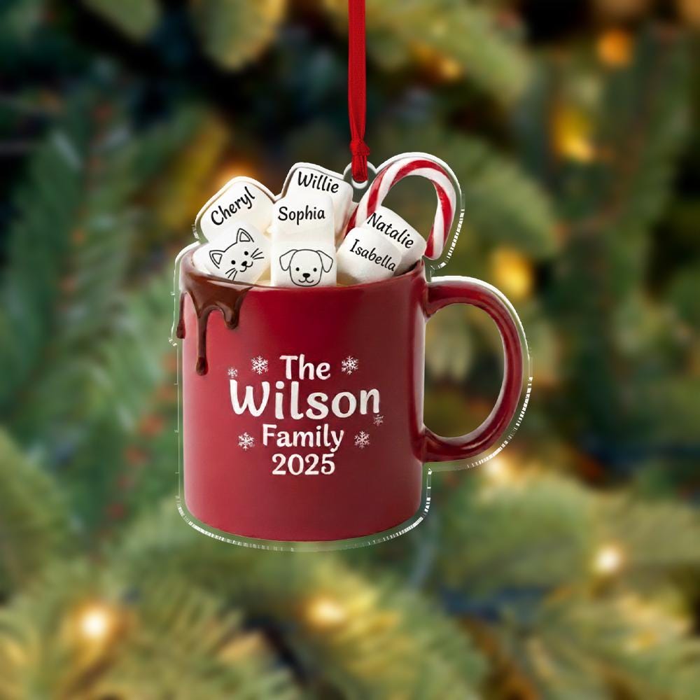 Personalised Hot Cocoa Mug Christmas Ornament – “Family Name” Custom Names image 4