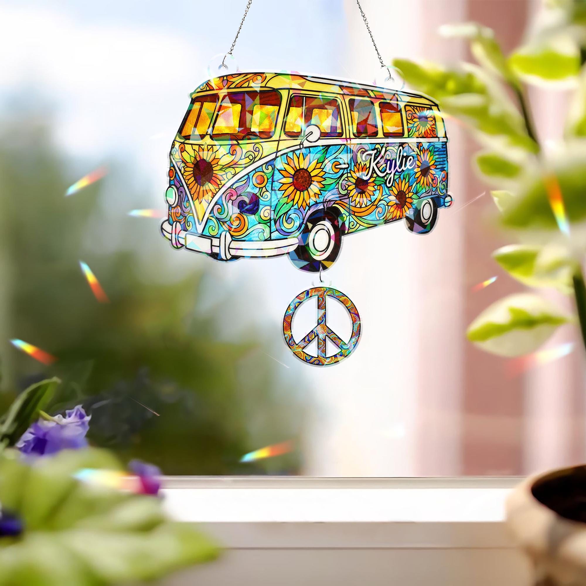 Custom Hippie Van Window Decor – Custom Hologram Acrylic Bus Design with Peace Sign image 1