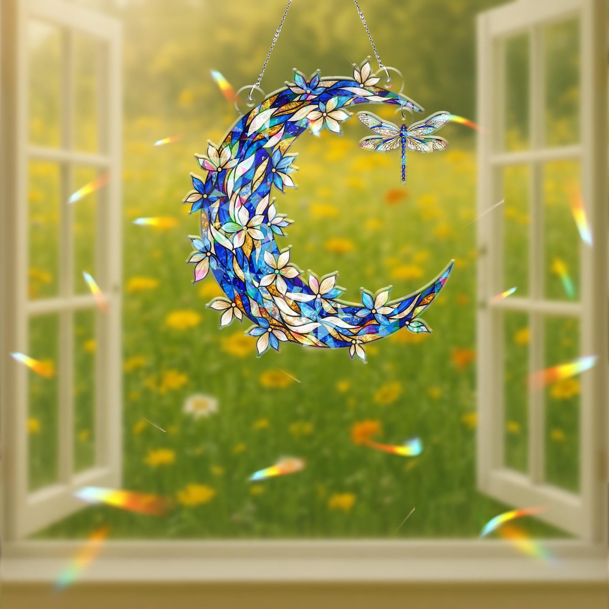 Hologram Acrylic Moon Window Decor – Crescent Design with Hanging Dragonfly Piece image 4
