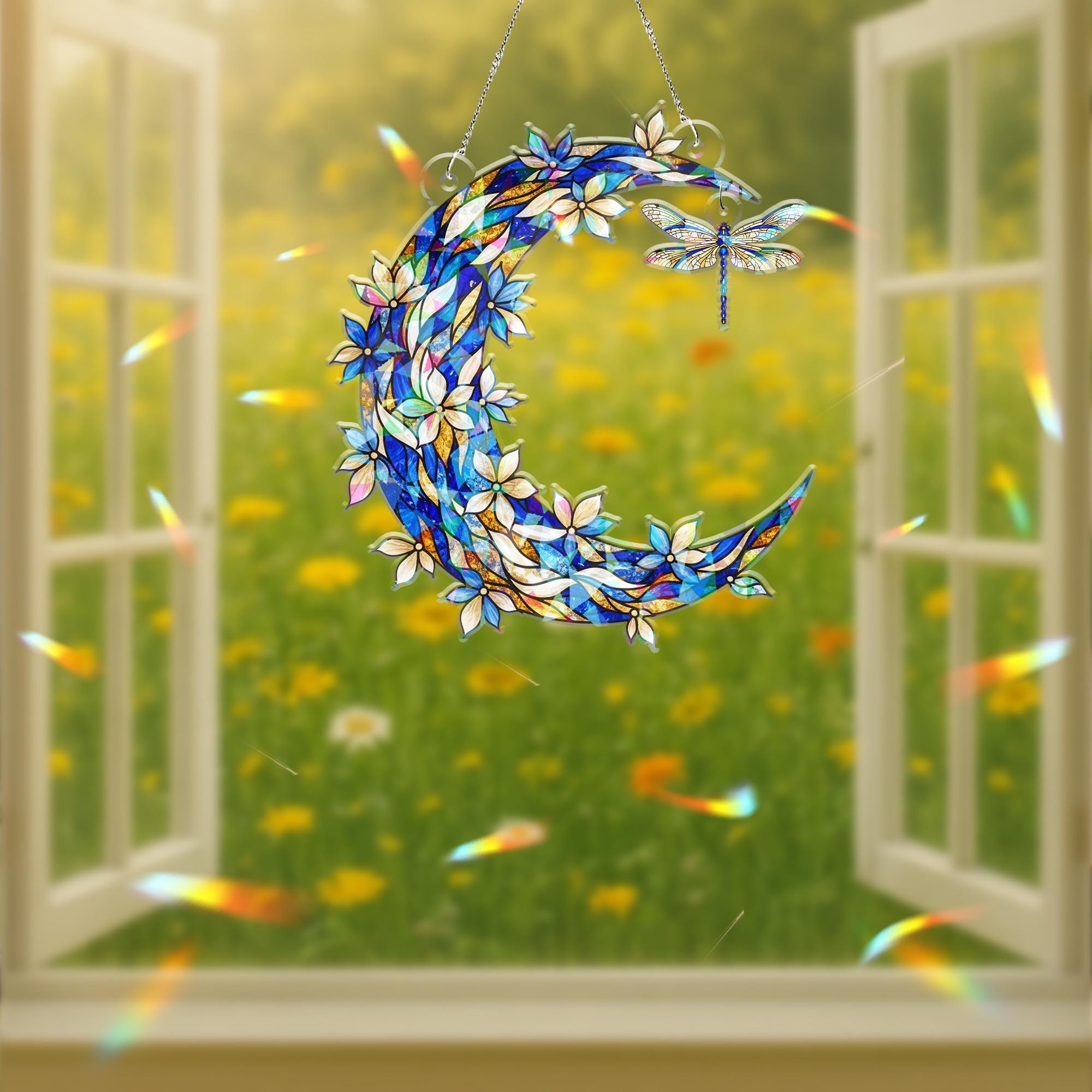 Hologram Acrylic Moon Window Decor – Crescent Design with Hanging Dragonfly Piece image 4