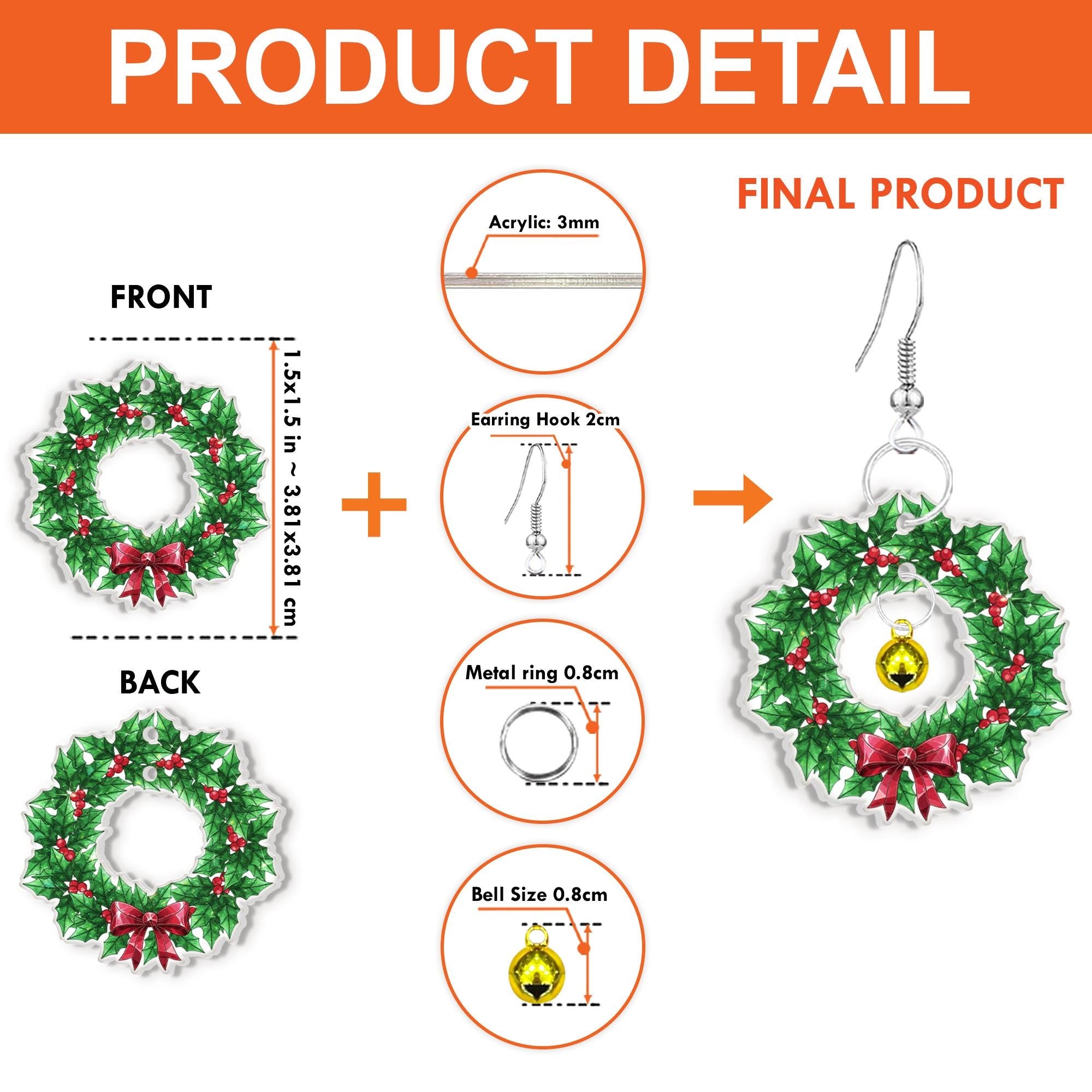 Christmas Wreath Dangle Earrings with Bell – Holiday Green and Red Bow Design Jewelry image 6