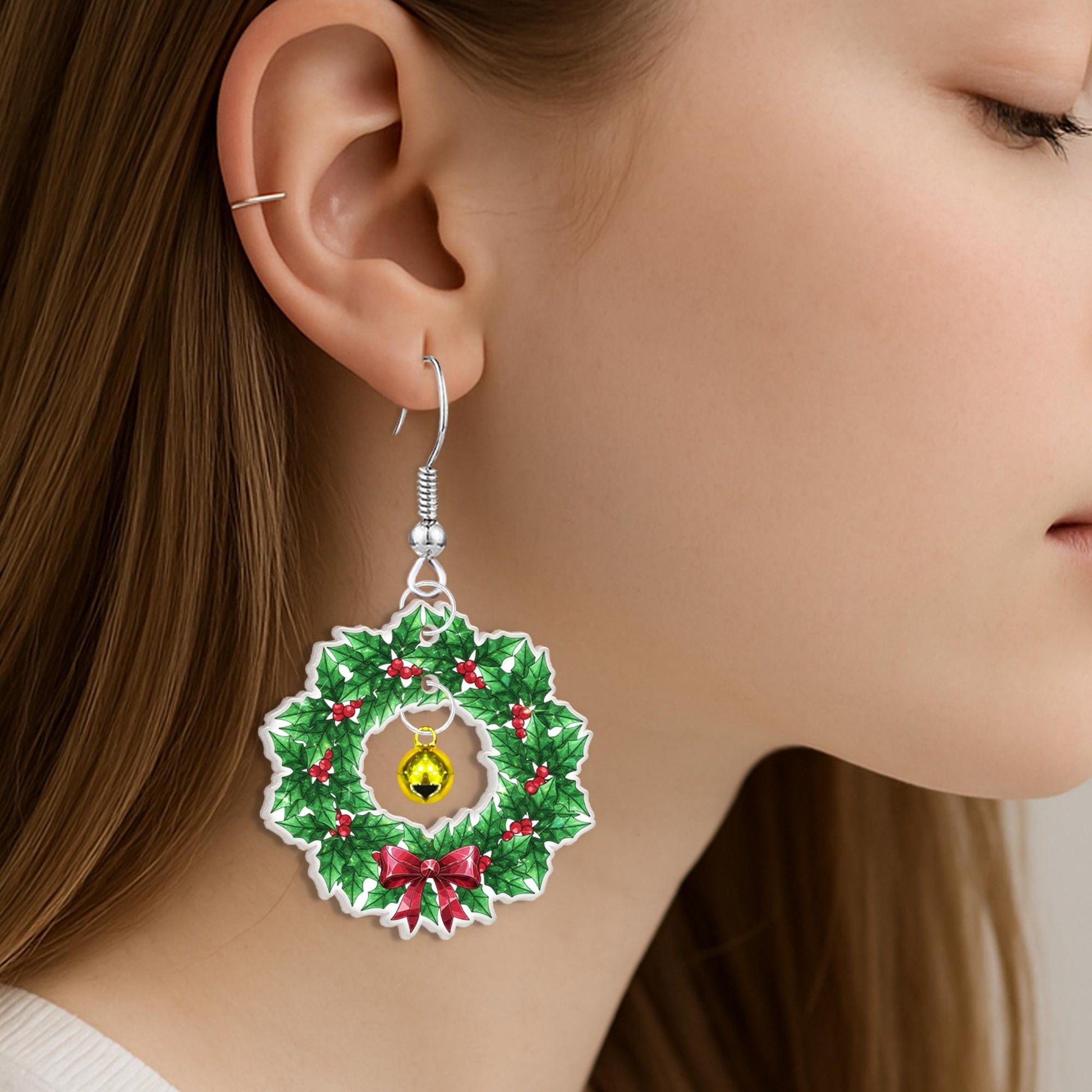 Christmas Wreath Dangle Earrings with Bell – Holiday Green and Red Bow Design Jewelry image 5