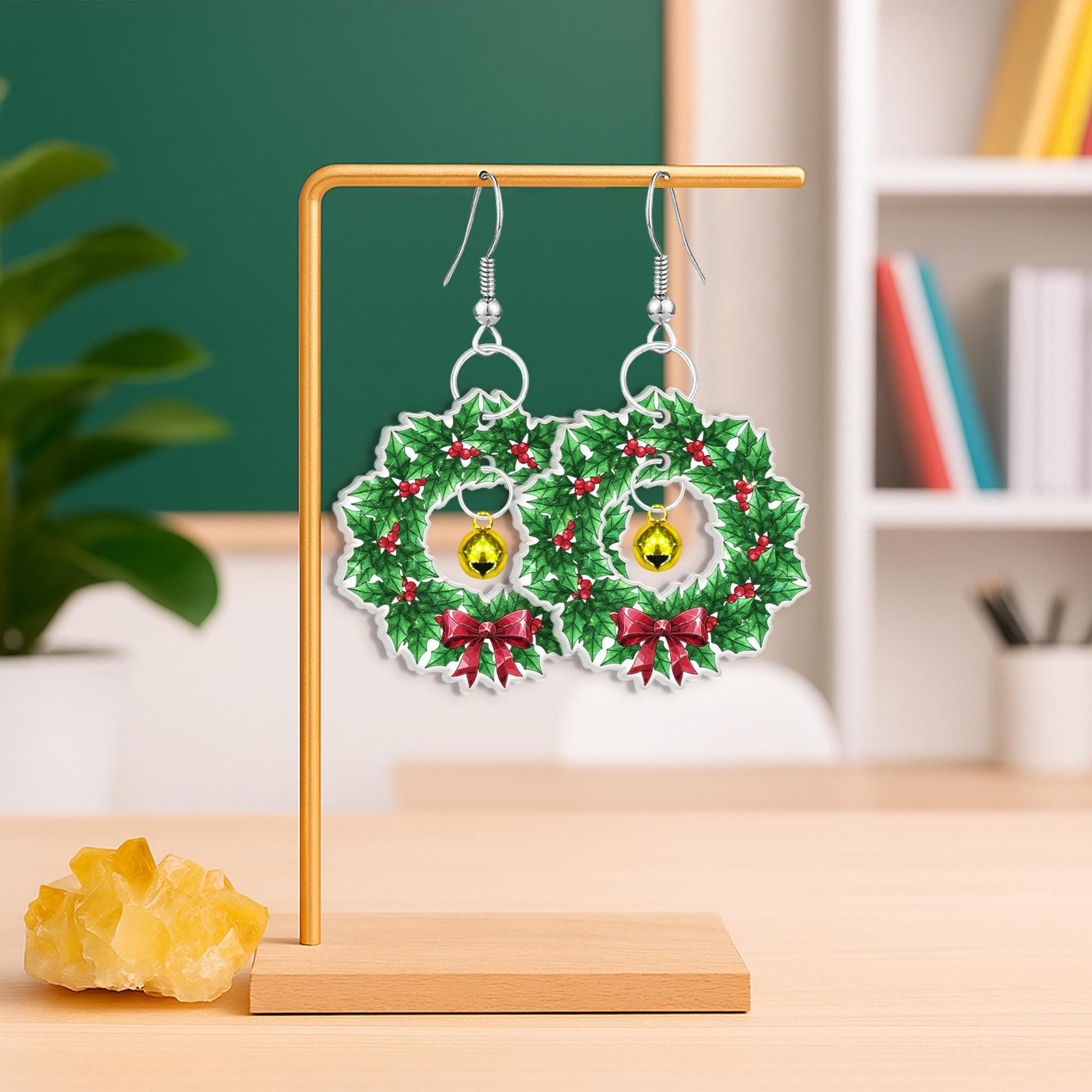 Christmas Wreath Dangle Earrings with Bell – Holiday Green and Red Bow Design Jewelry image 3