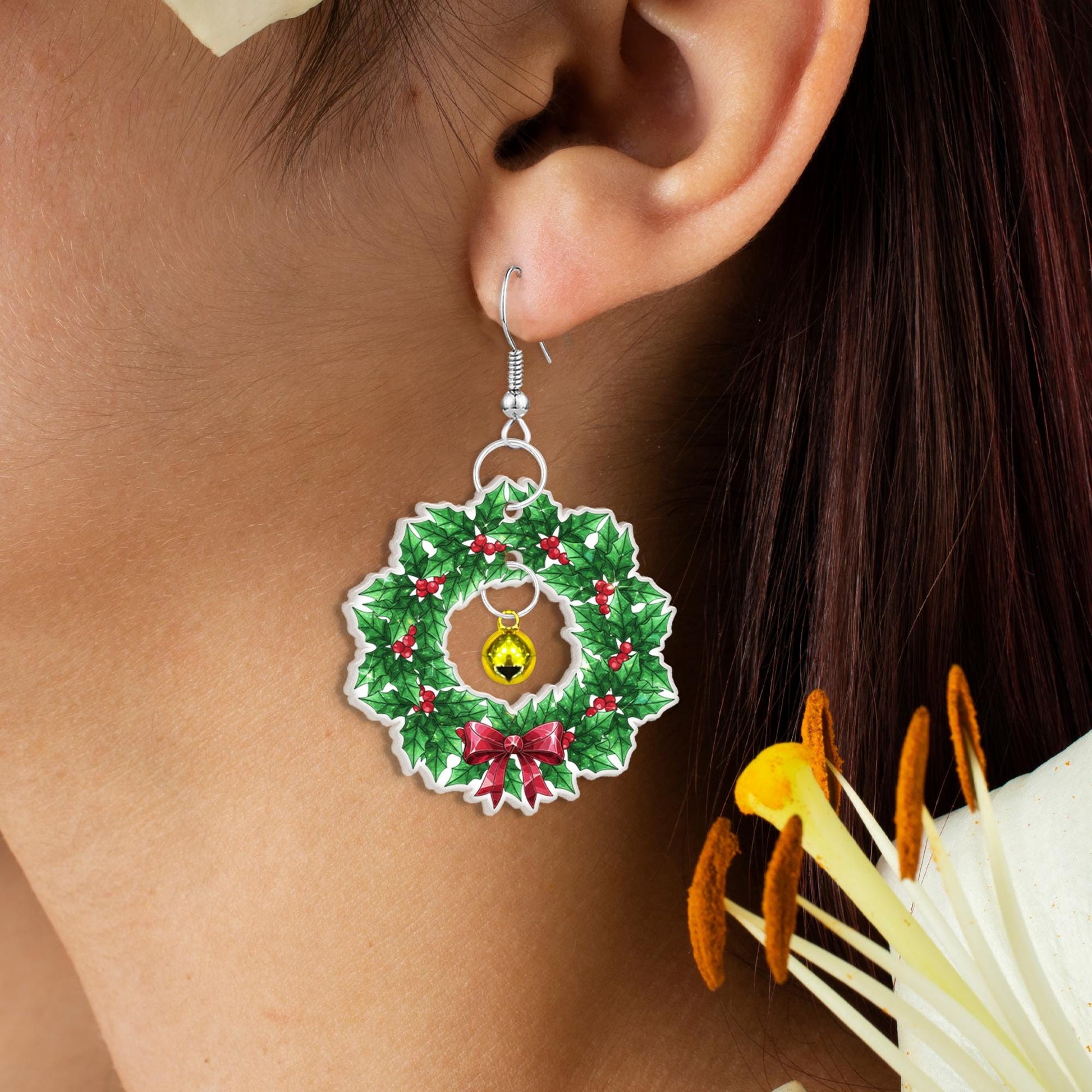 Christmas Wreath Dangle Earrings with Bell – Holiday Green and Red Bow Design Jewelry image 4