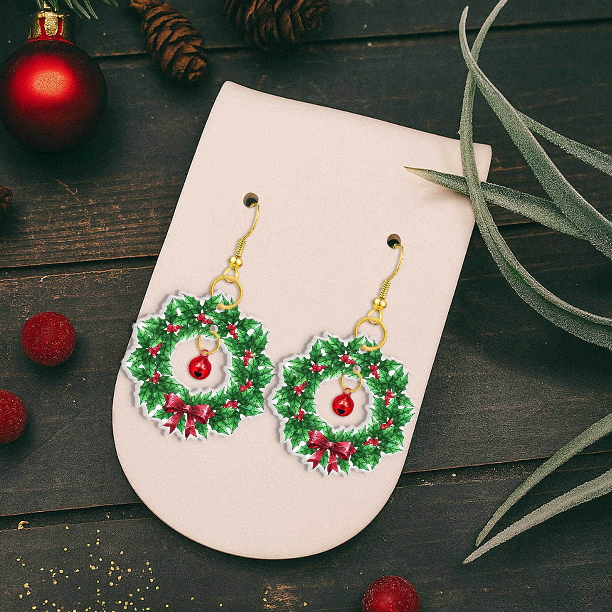 Christmas Wreath Dangle Earrings with Bell – Holiday Green and Red Bow Design Jewelry image 2