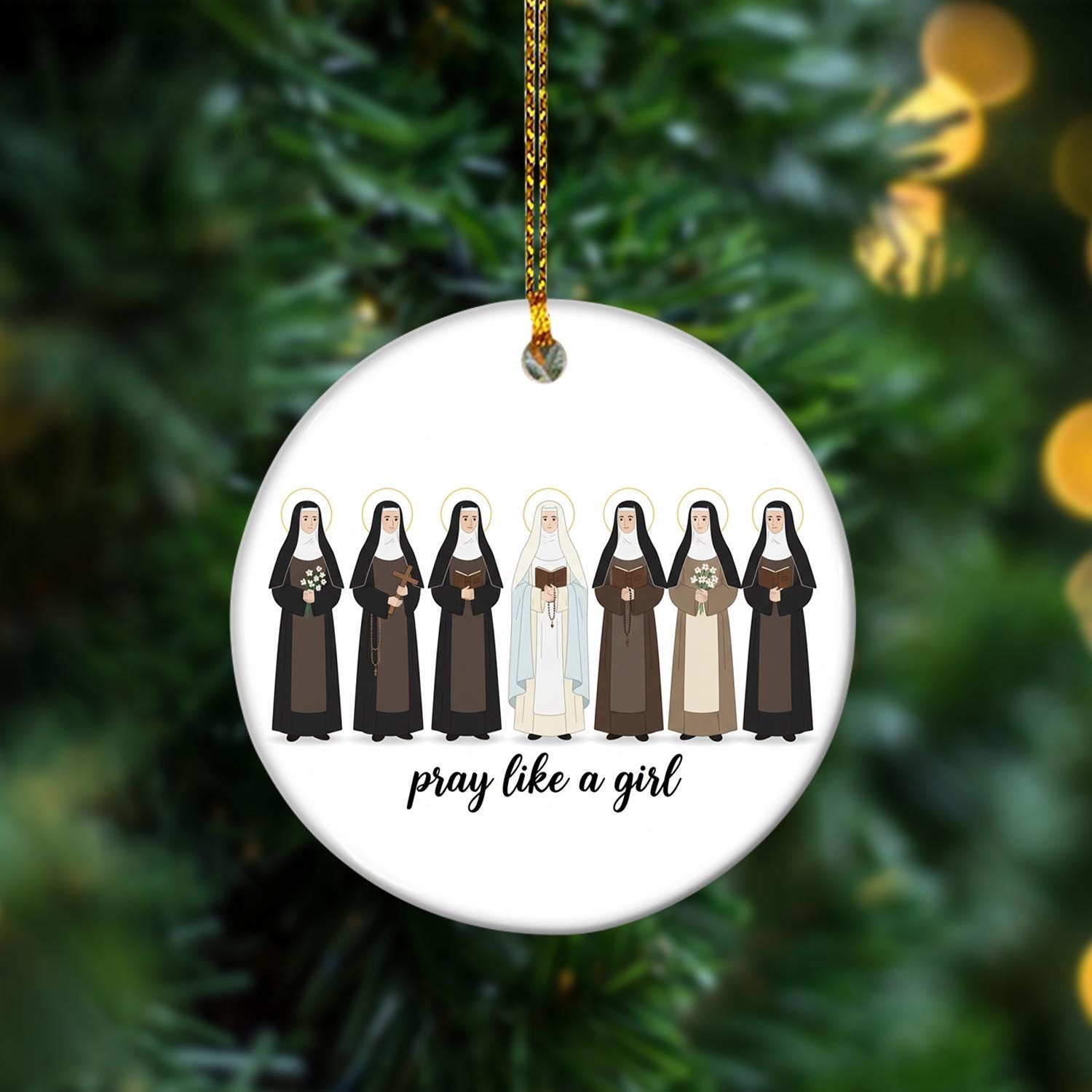 Pray Like a Girl Ornament – Catholic Nun Christmas Gift image 1