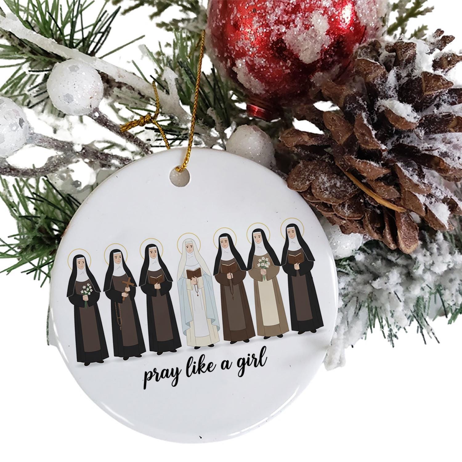 Pray Like a Girl Ornament – Catholic Nun Christmas Gift image 2