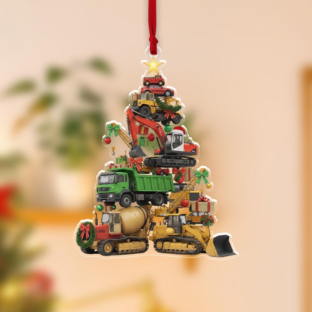 Construction Truck Christmas Ornament – Bulldozer Excavator Cement Mixer Tree image 3