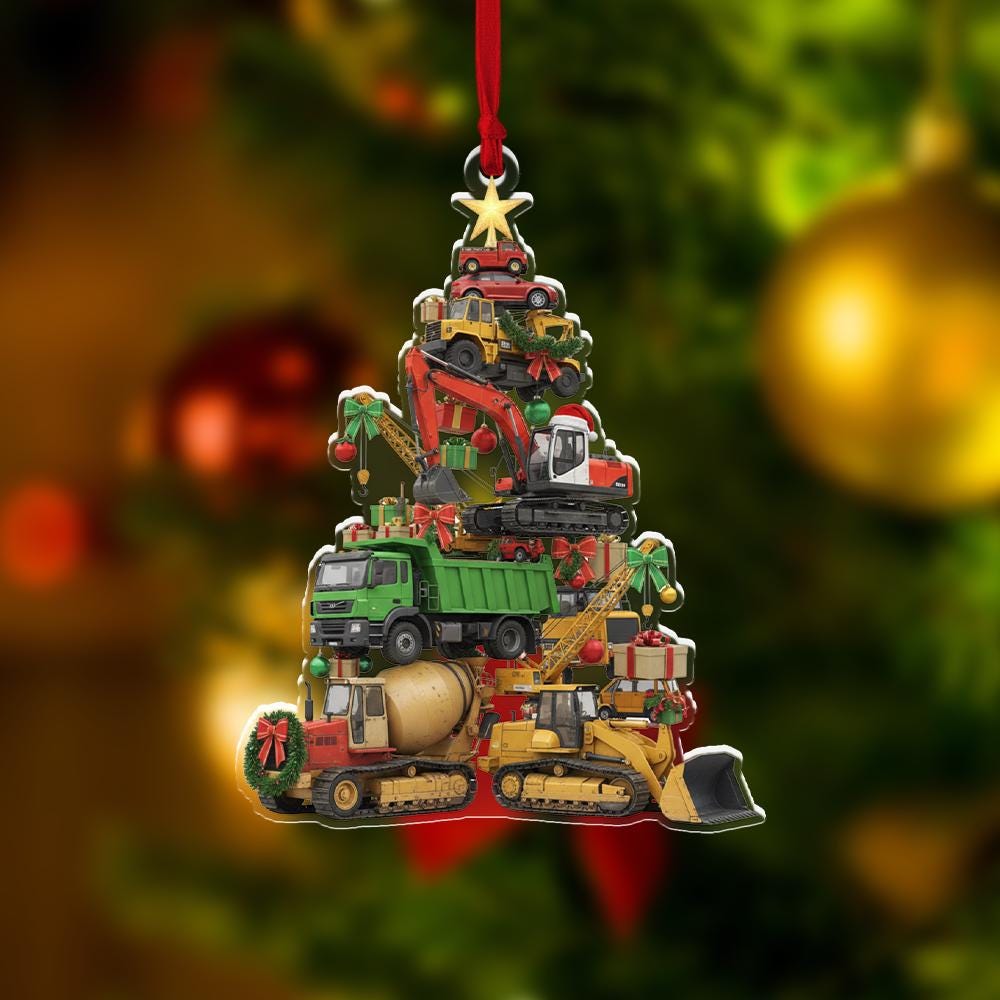 Construction Truck Christmas Ornament – Bulldozer Excavator Cement Mixer Tree image 5