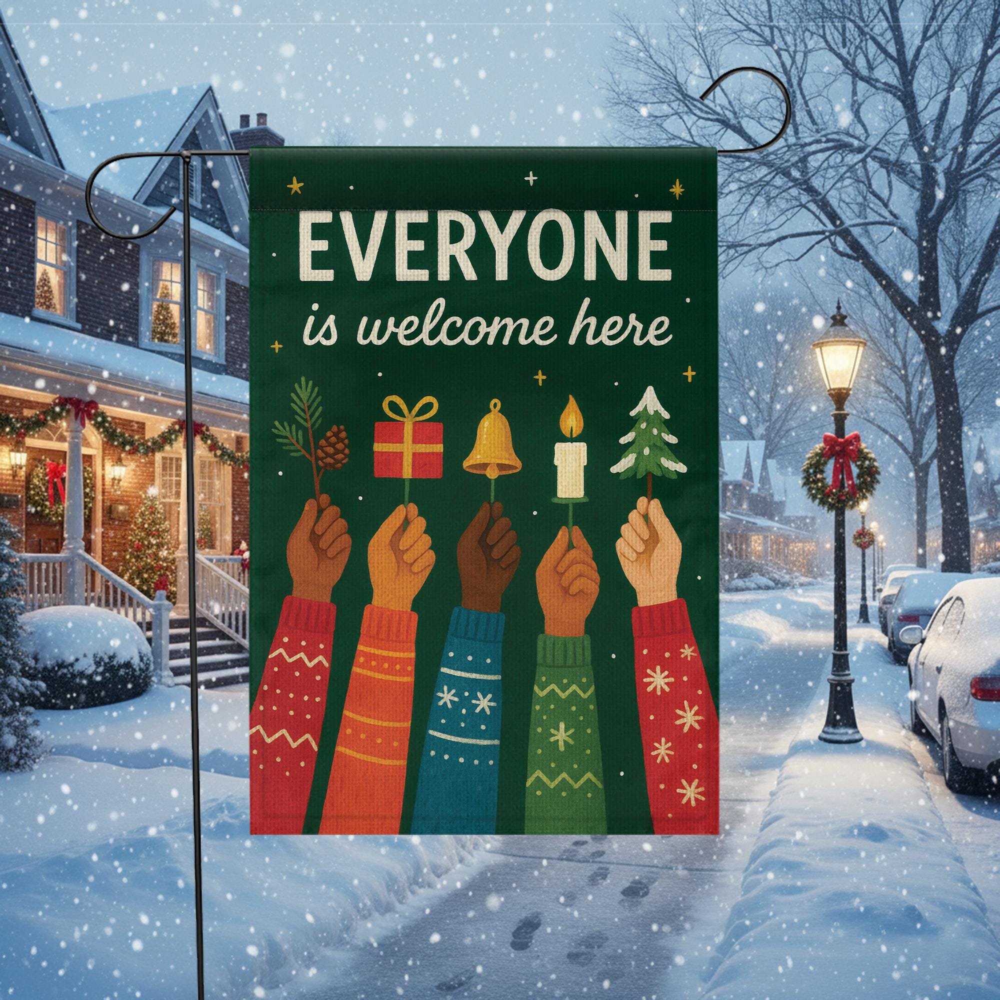 nclusive Holiday Garden Flag “Everyone Is Welcome Here”: Christmas Winter Yard Decor