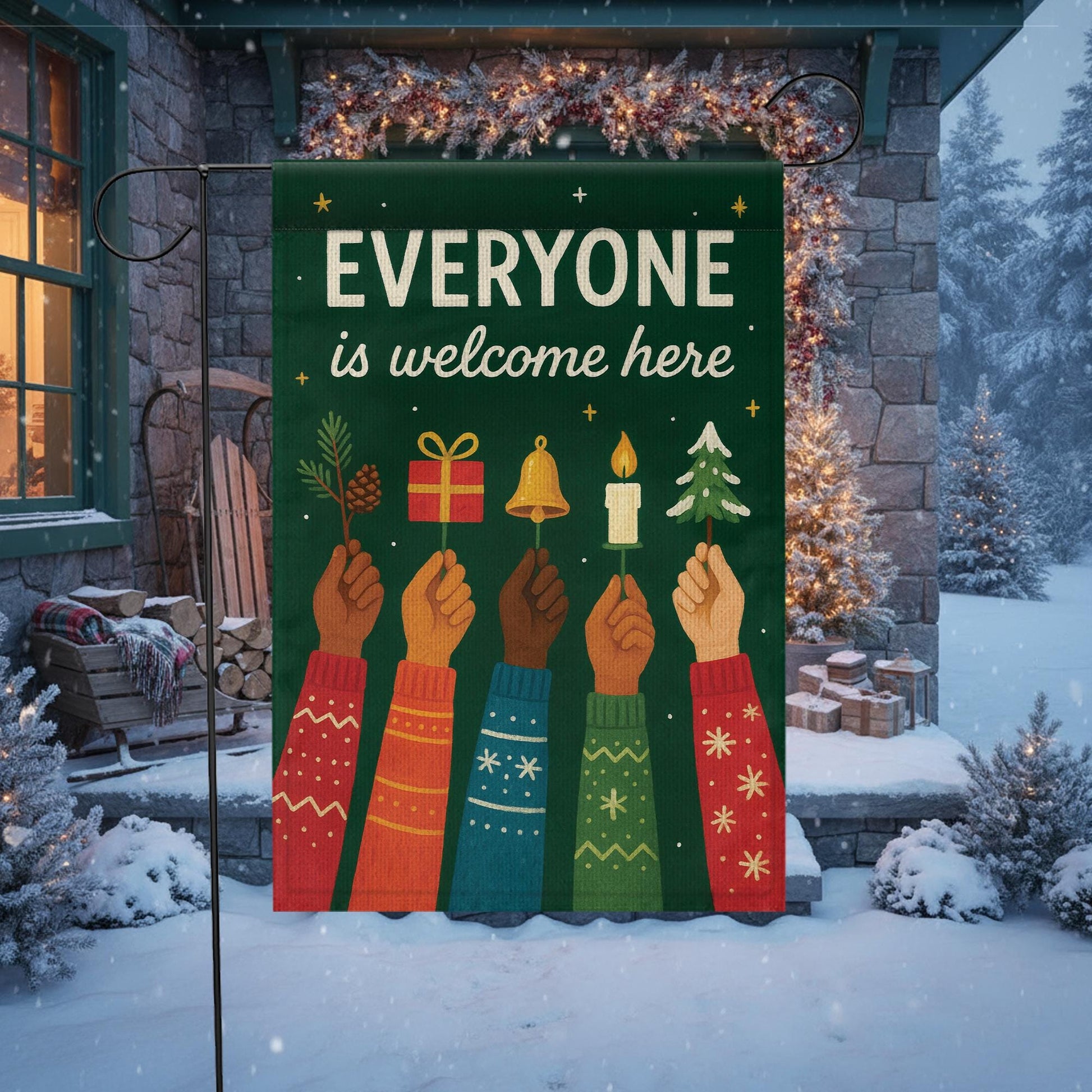 nclusive Holiday Garden Flag “Everyone Is Welcome Here”: Christmas Winter Yard Decor