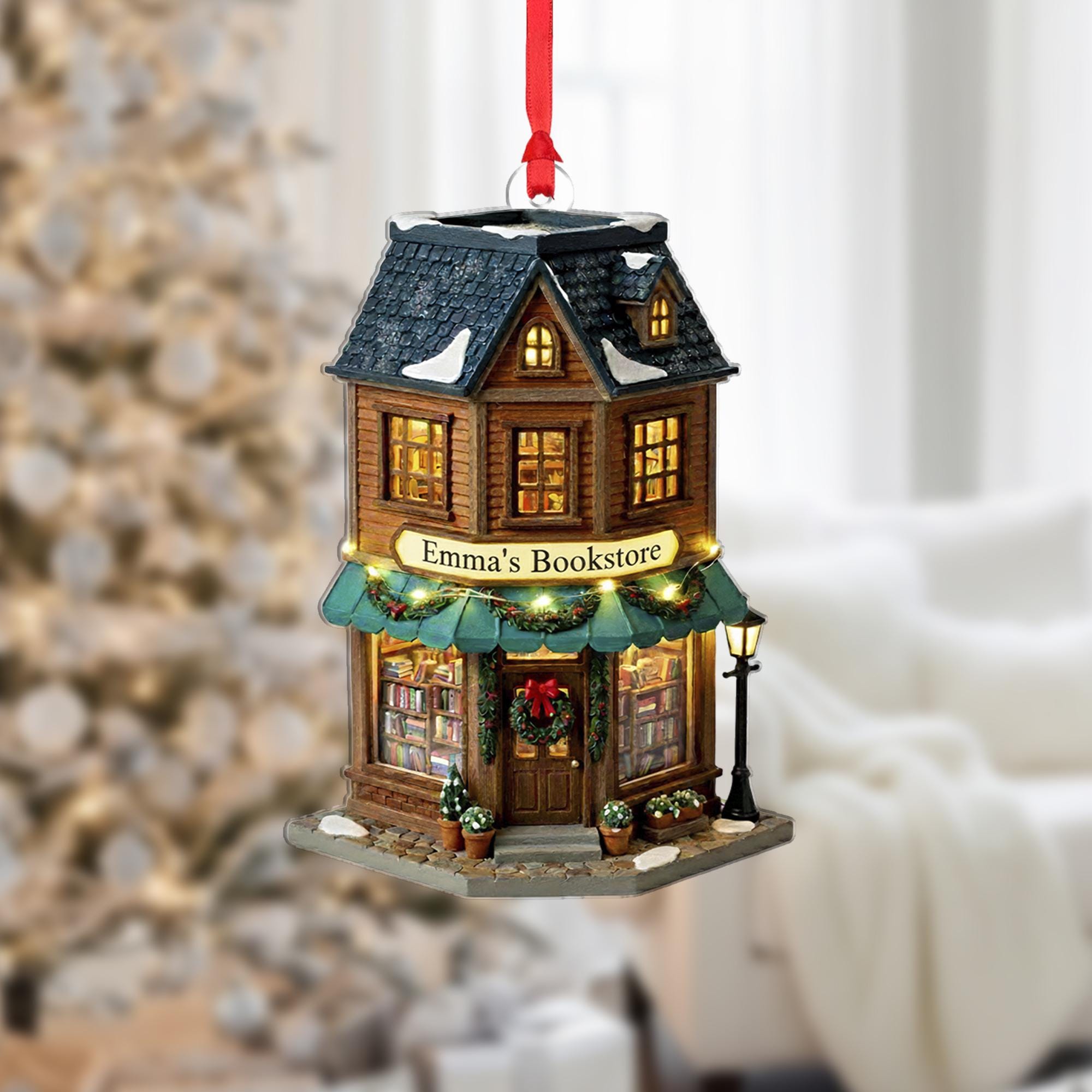 Personalized Cozy Bookstore Ornament: Custom Name Book Shop Christmas Tree Decoration image 1