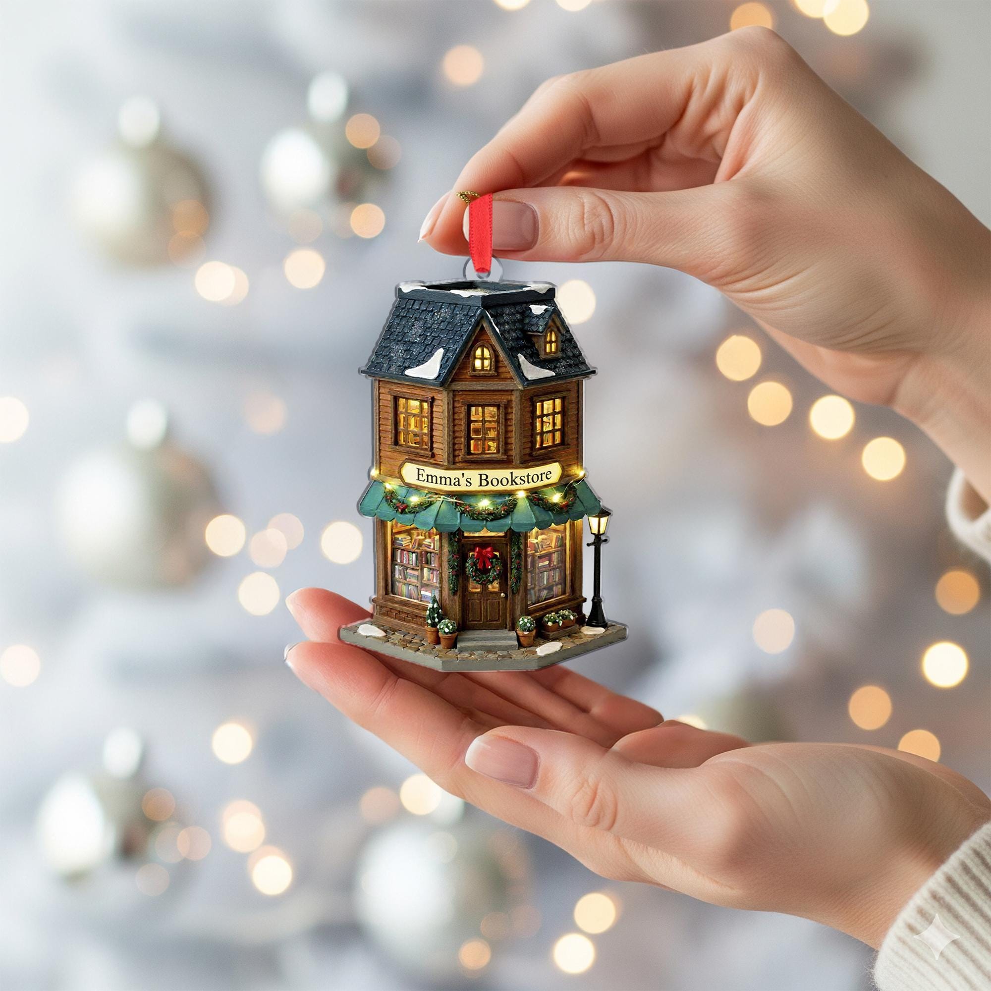 Personalized Cozy Bookstore Ornament: Custom Name Book Shop Christmas Tree Decoration image 4