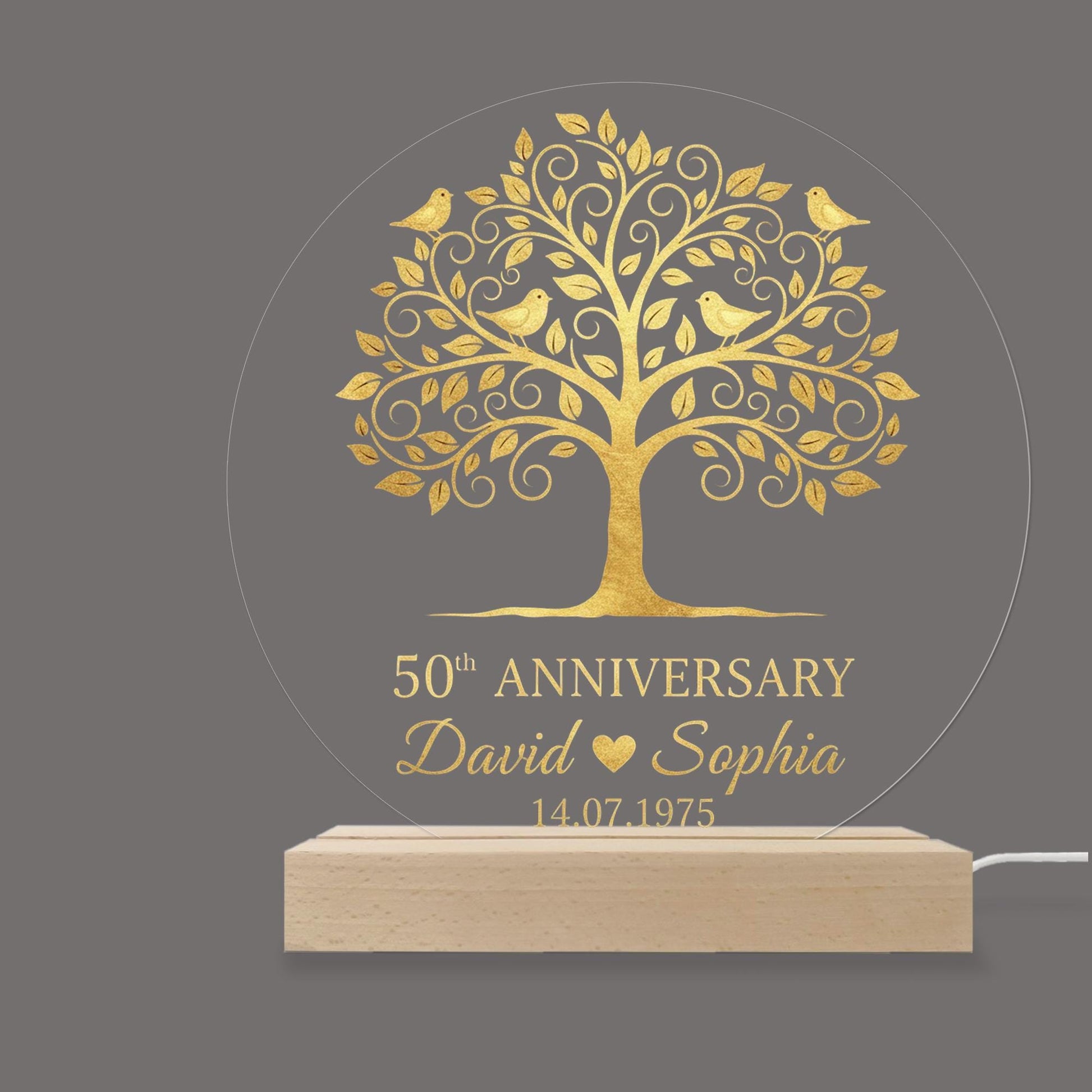 Personalised 50th Anniversary LED Light – Custom Name & Date Acrylic Lamp with Wooden Base image 6